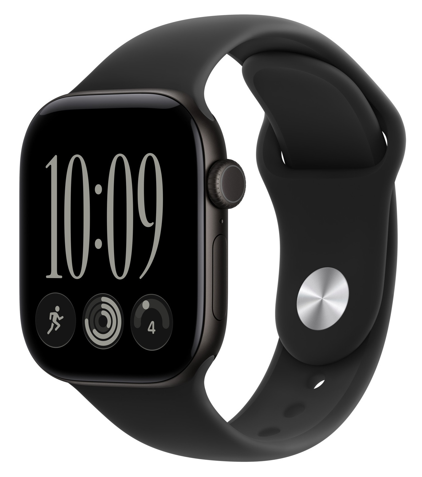 Czarny smartwatch z kwadratowym ekranem pokazujący 10:09 i ikony fitness.