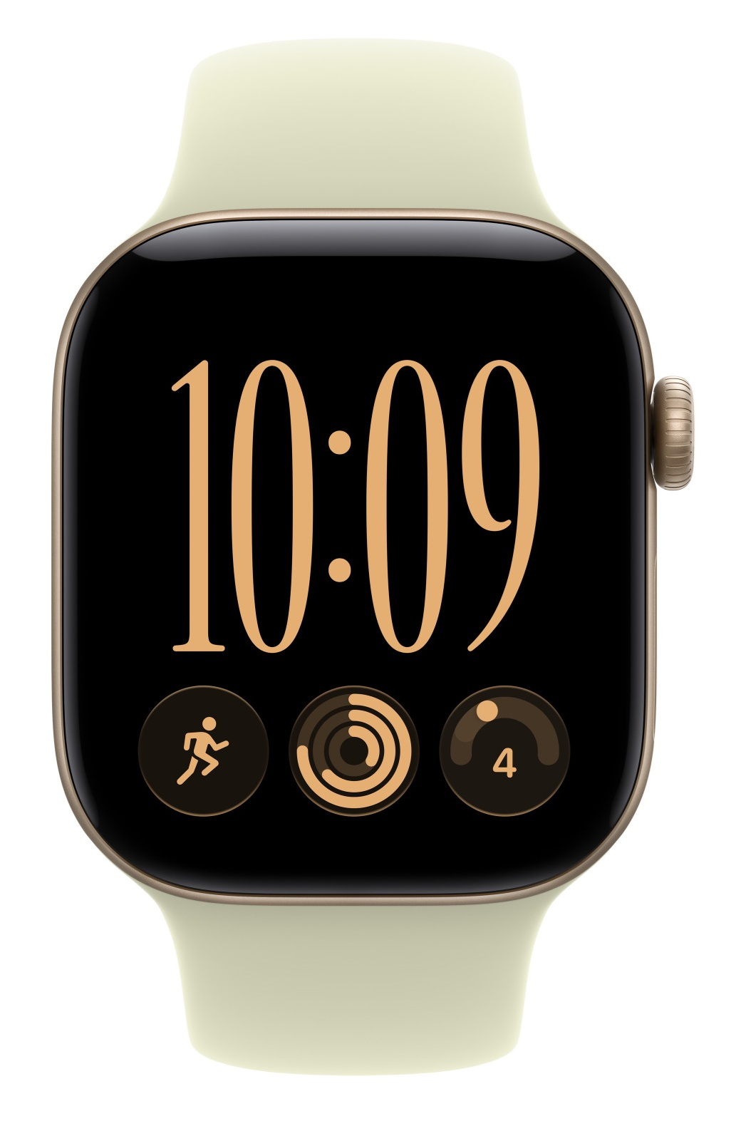 Złoty smartwatch z jasnym paskiem pokazuje godzinę i ikony fitnessu na czarnym ekranie.