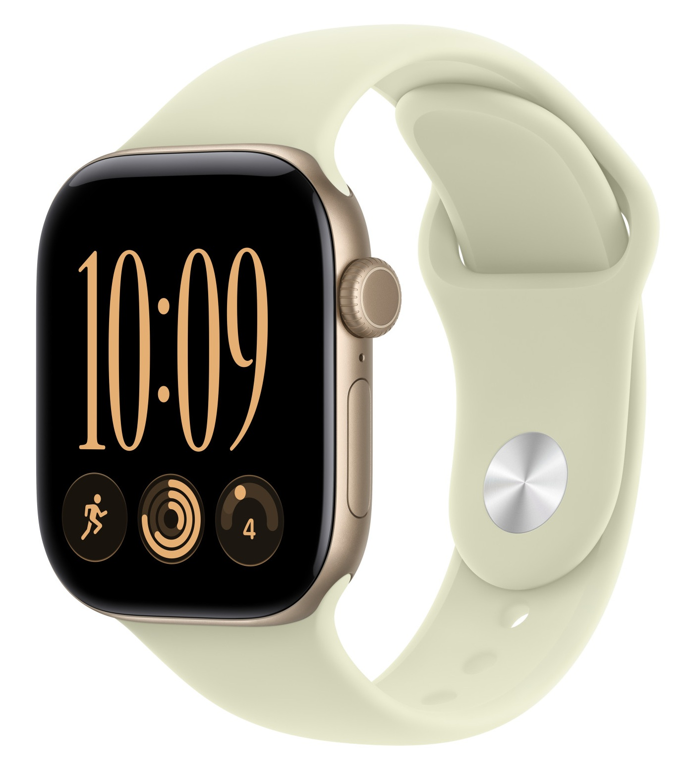 Złoty smartwatch z jasnym silikonowym paskiem pokazuje godzinę 10:09 i ikony fitness.