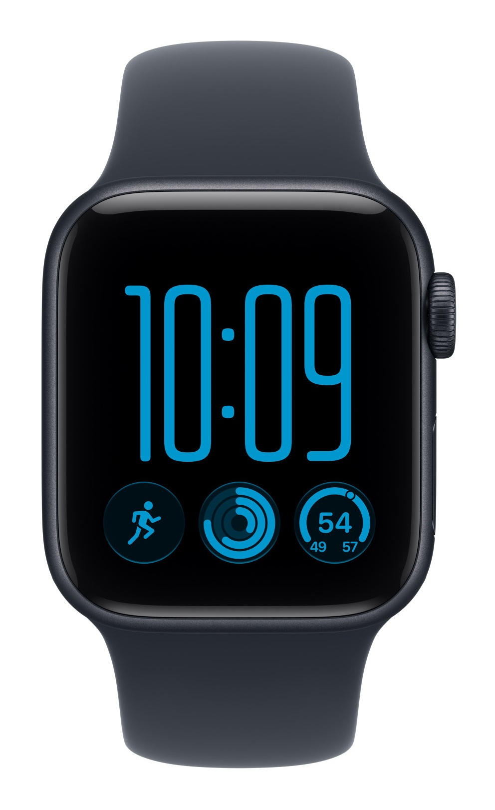 Czarny smartwatch z niebieskim wyświetlaczem pokazującym 10:09 i ikony aktywności.