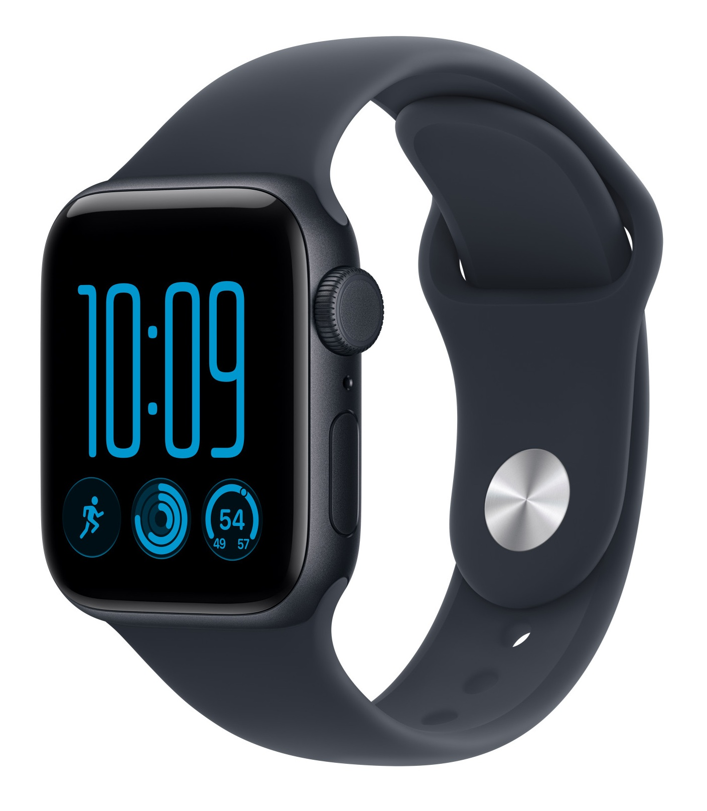 Czarny smartwatch z niebieskim wyświetlaczem cyfrowym i silikonowym paskiem na białym tle.