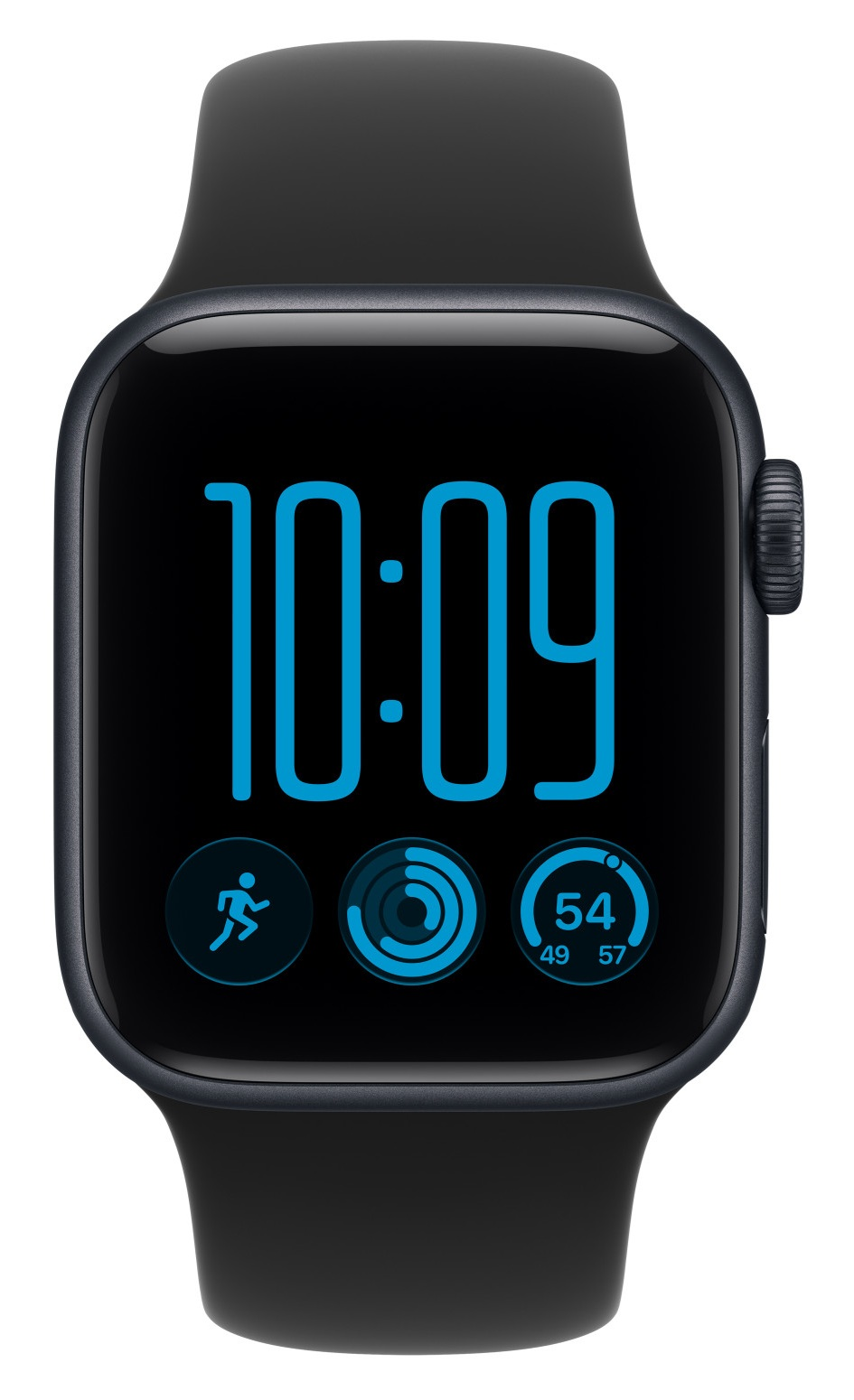 Czarny smartwatch z niebieskim wyświetlaczem pokazującym godzinę 10:09 i trzy ikony fitness.