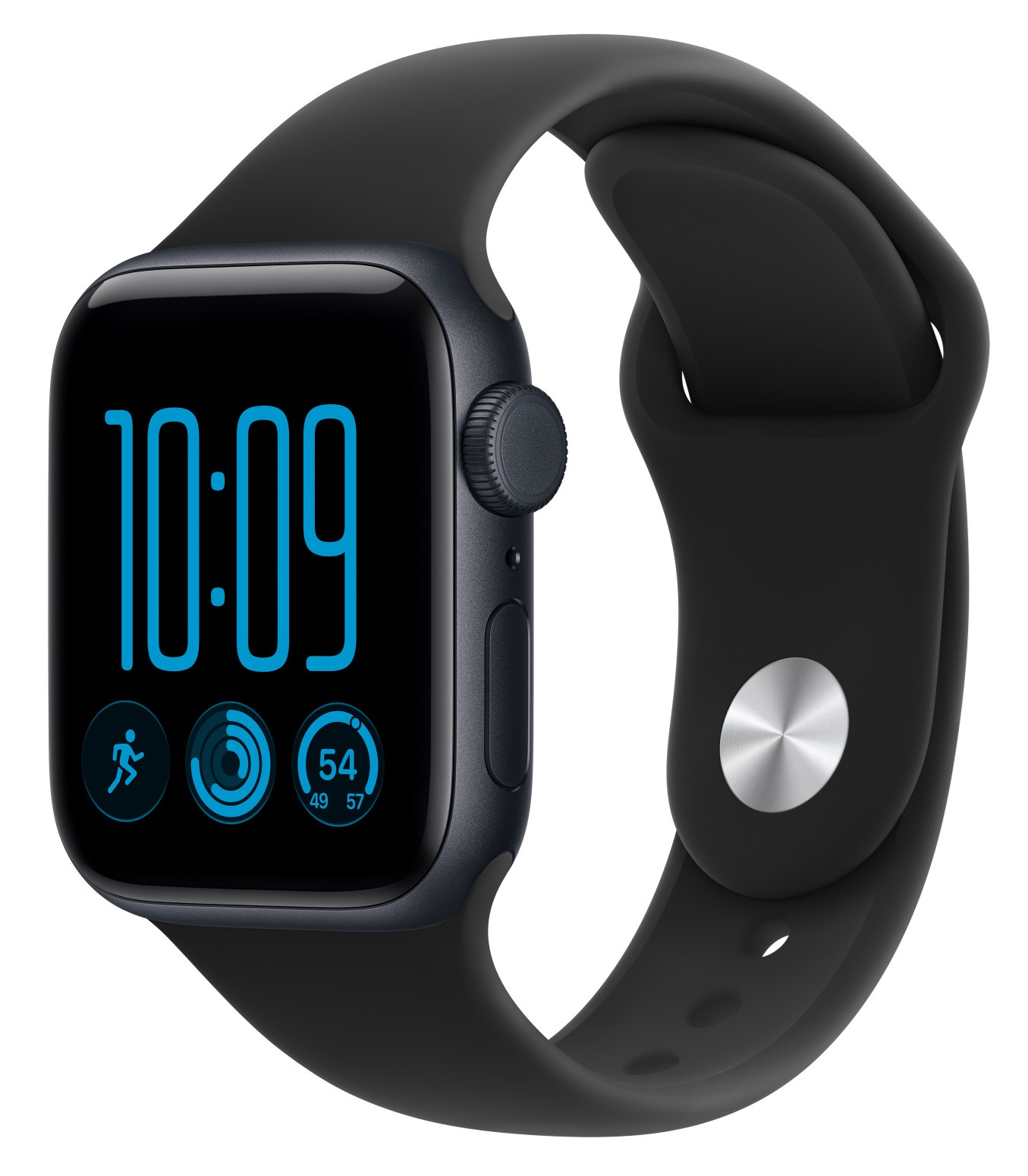 Czarny smartwatch z ciemnym silikonowym paskiem wyświetla cyfrową godzinę 10:09 na niebiesko oraz trzy ikony fitness.