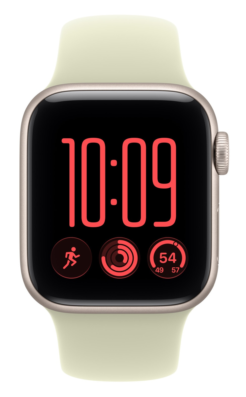 Smartwatch z beżowym paskiem ma czerwony ekran z godziną 10:09 i pierścieniami aktywności.