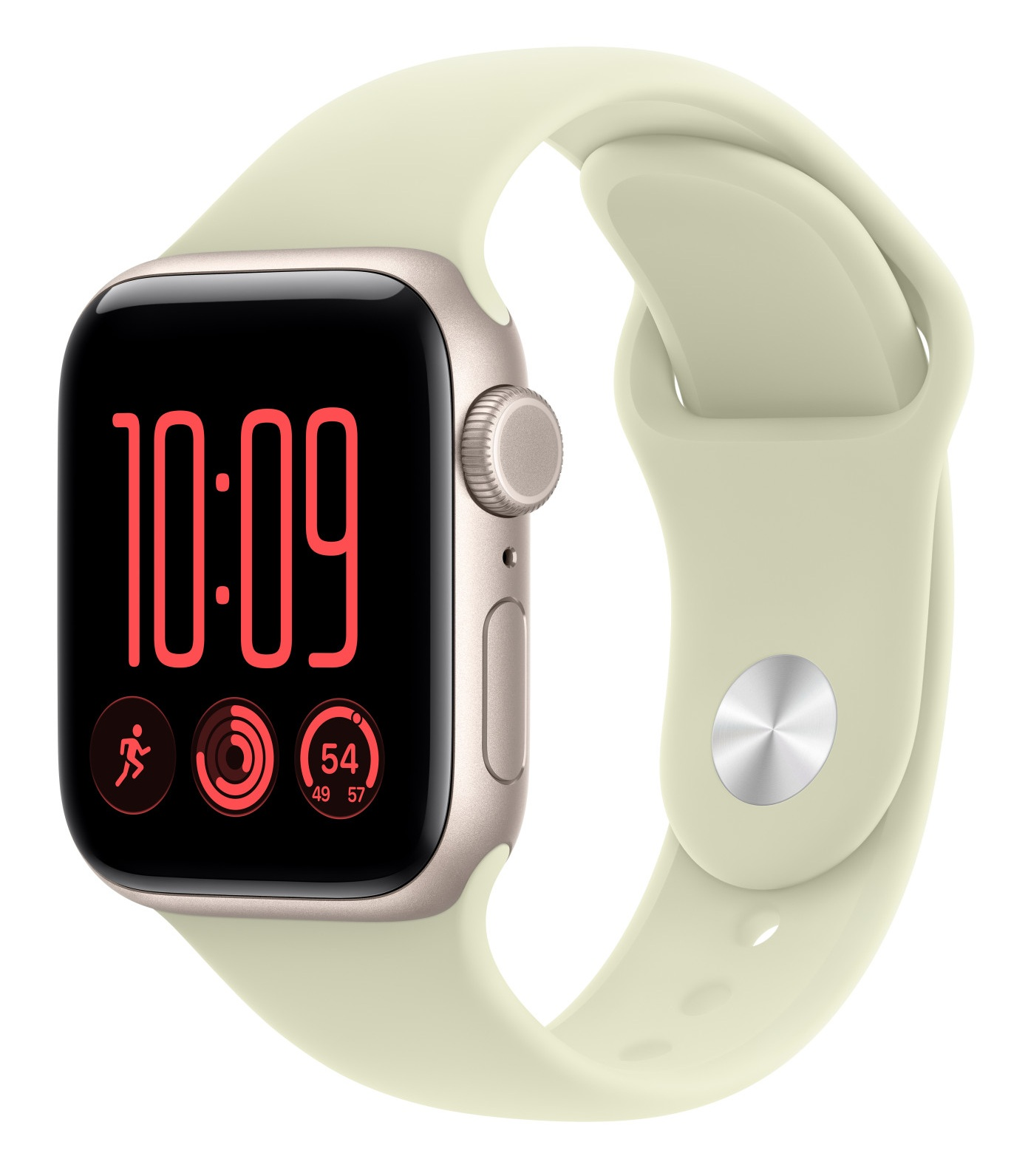 Smartwatch z jasnym paskiem i czerwonym wyświetlaczem cyfrowym na czarnym tle.