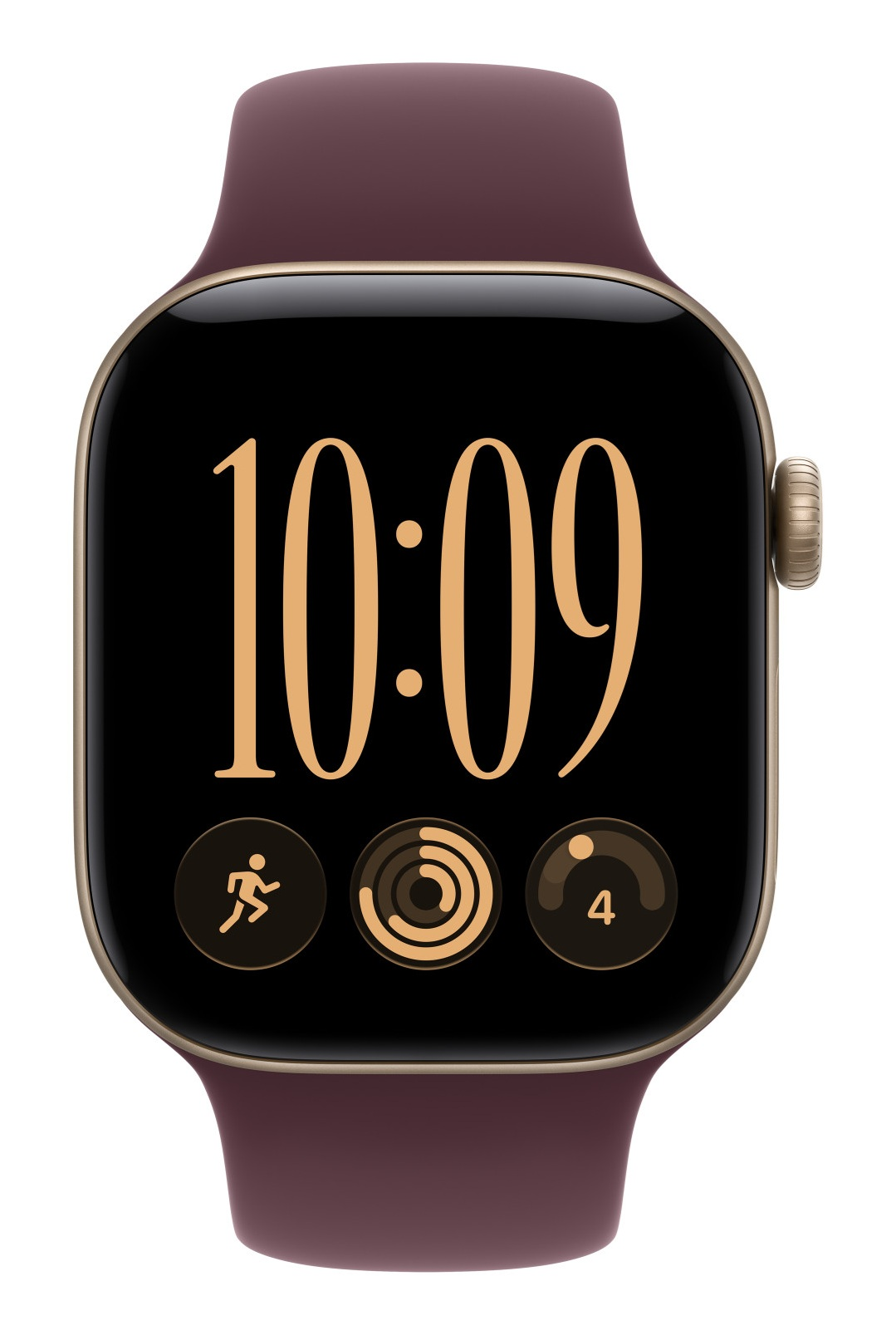 Smartwatch z bordowym paskiem i ekranem pokazującym godzinę 10:09.