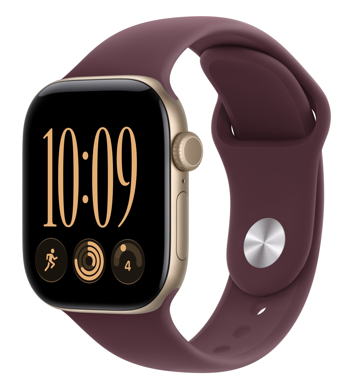 Smartwatch ze złotą kopertą i ciemnoczerwonym silikonowym paskiem pokazuje godzinę 10:09 na ekranie.
