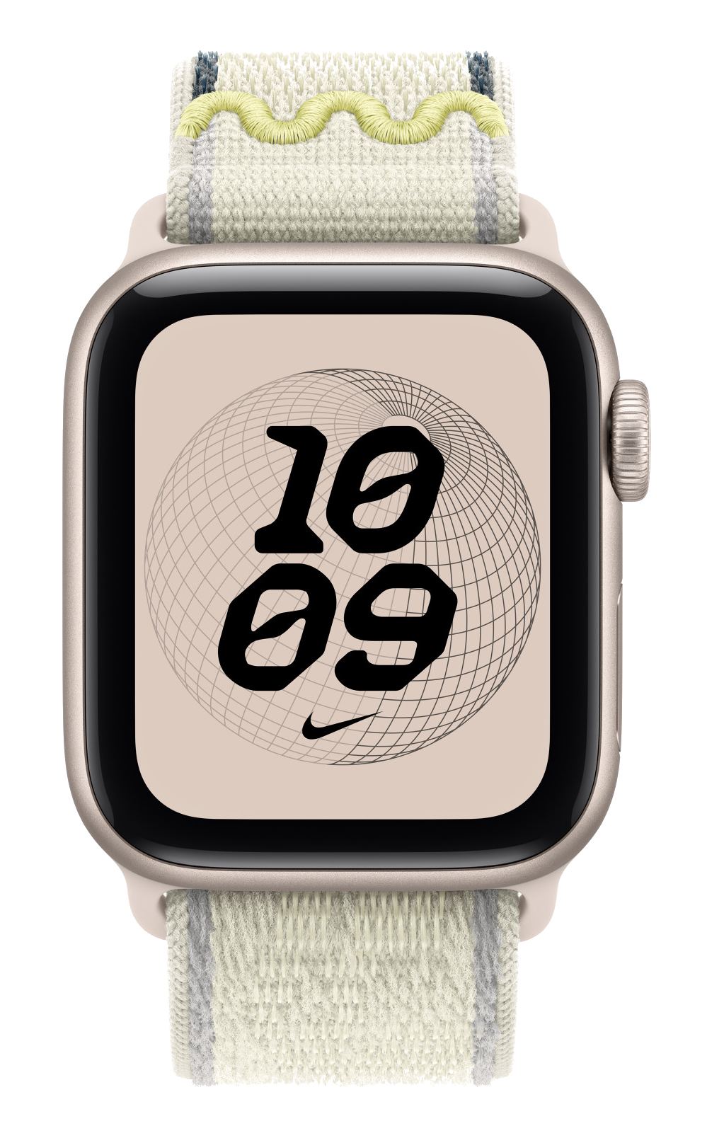 Smartwatch z beżową kopertą i białym paskiem z tkaniny pokazuje godzinę 10:09.