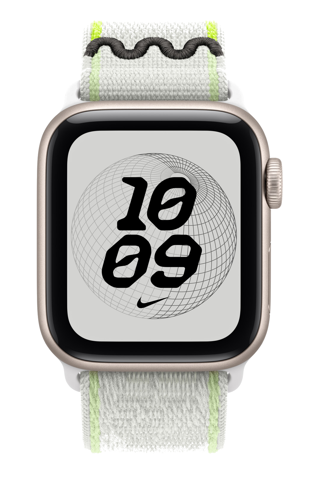 Apple Watch z biało-zielonym paskiem z tkaniny i tarczą Nike pokazującą godzinę 10:09.