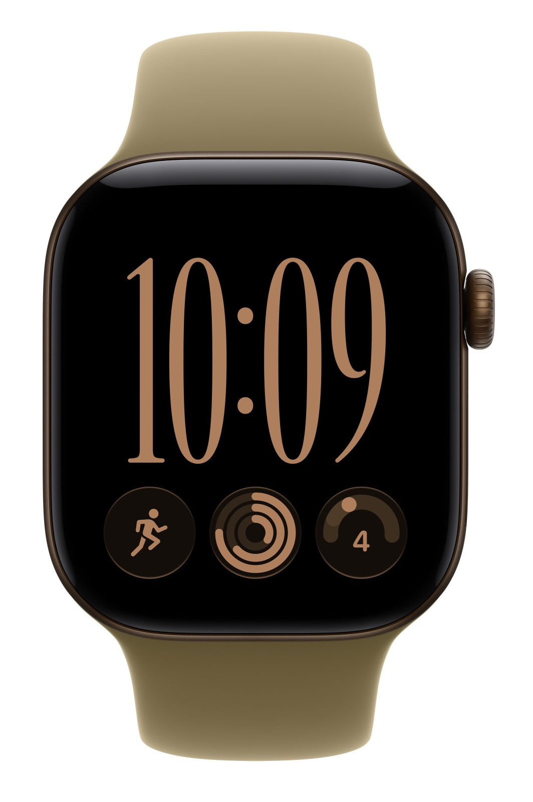 Oliwkowy smartwatch z czarnym ekranem wyświetla godzinę 10:09 oraz trzy ikony aplikacji.