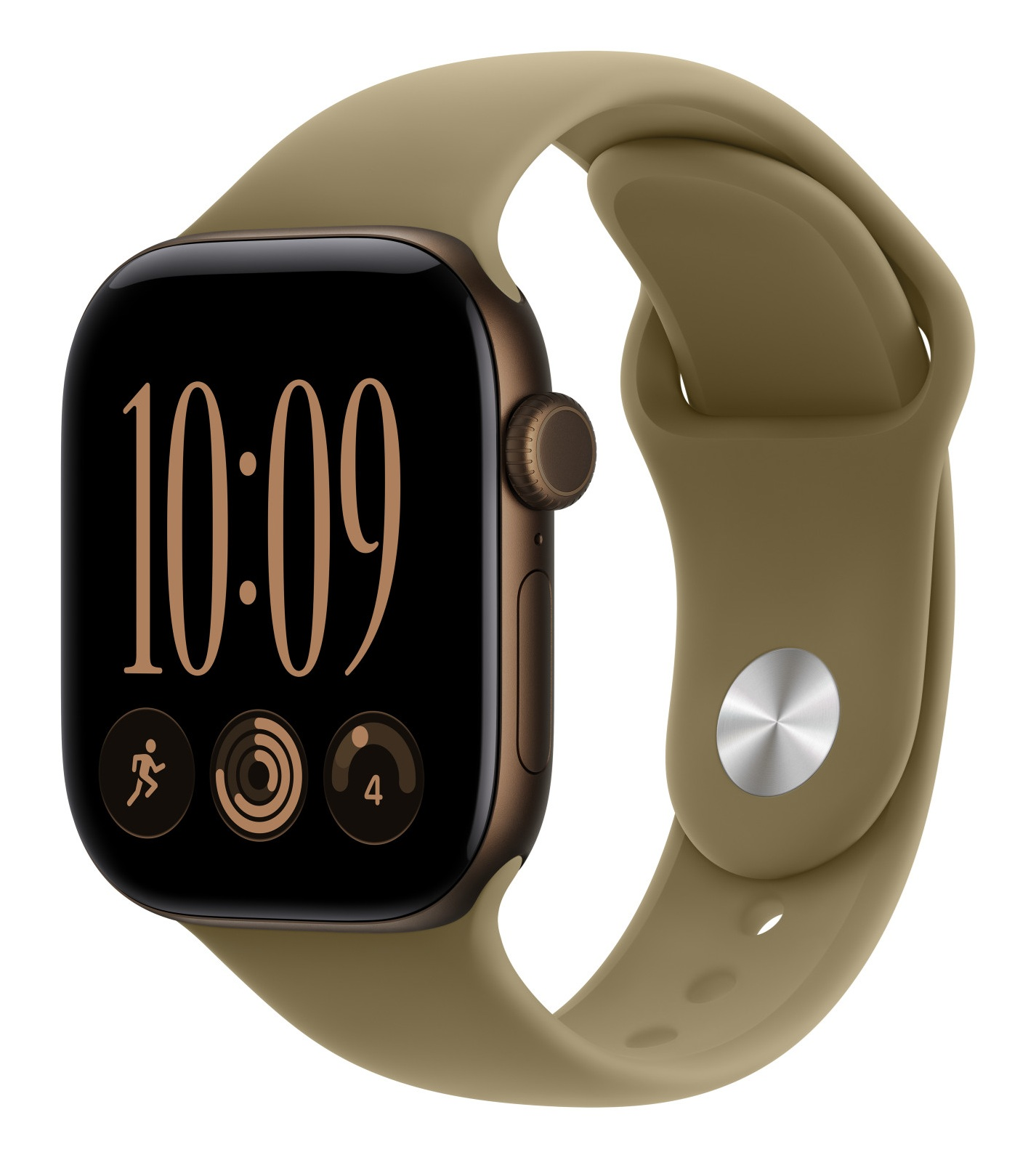 Oliwkowy smartwatch z brązową kopertą pokazuje godzinę 10:09 oraz ikony fitnessu na czarnym ekranie.