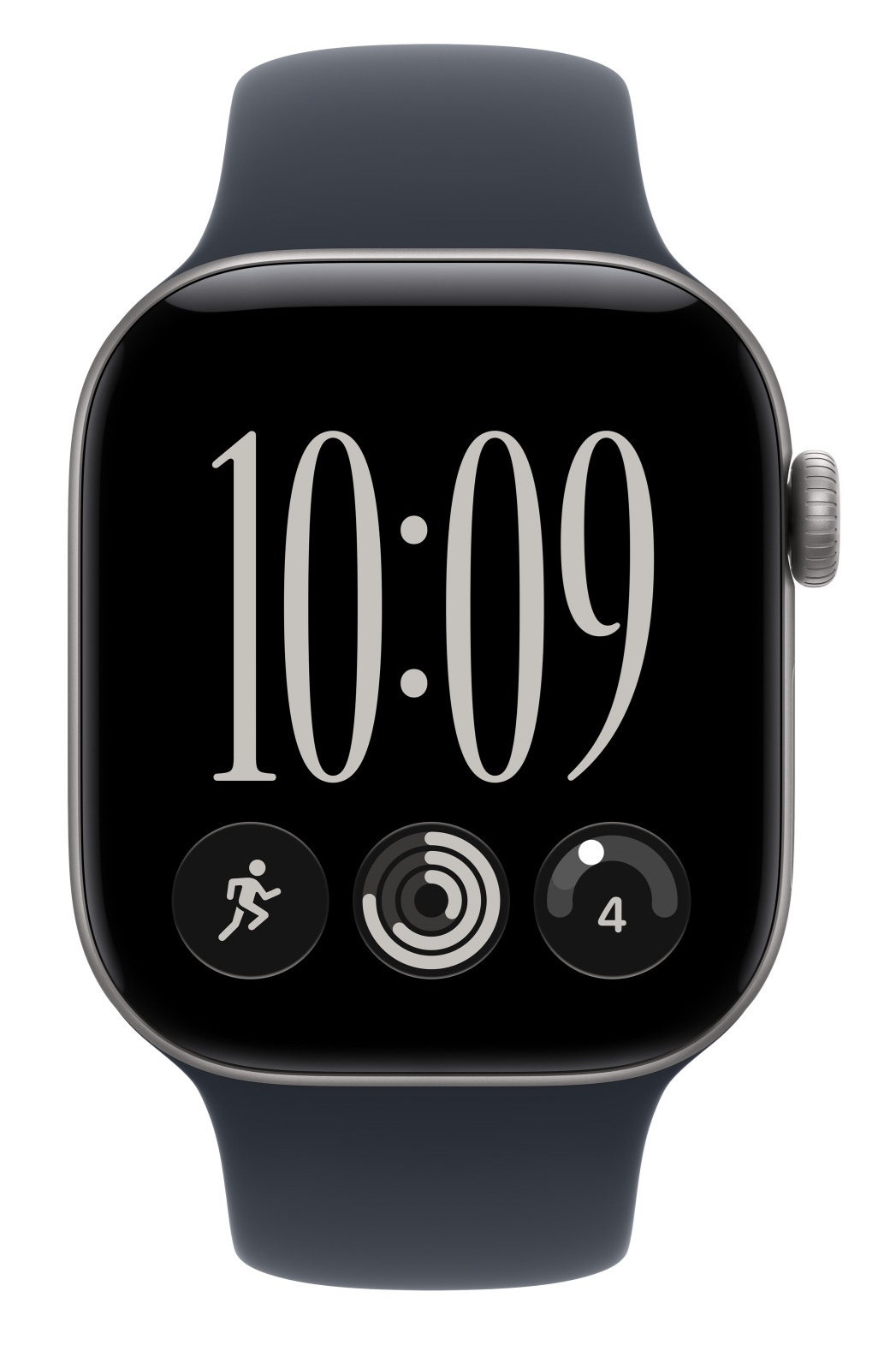 Czarny smartwatch z ciemnym paskiem wyświetla godzinę i ikony fitnessu.