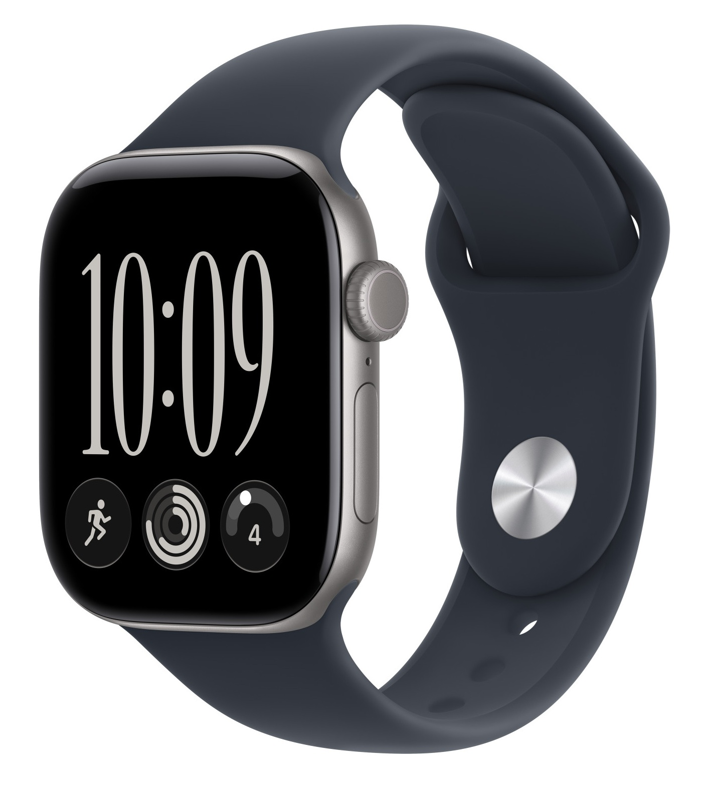 Czarny smartwatch z ciemnoniebieskim paskiem silikonowym i cyfrową tarczą wskazującą 10:09 na białym tle.