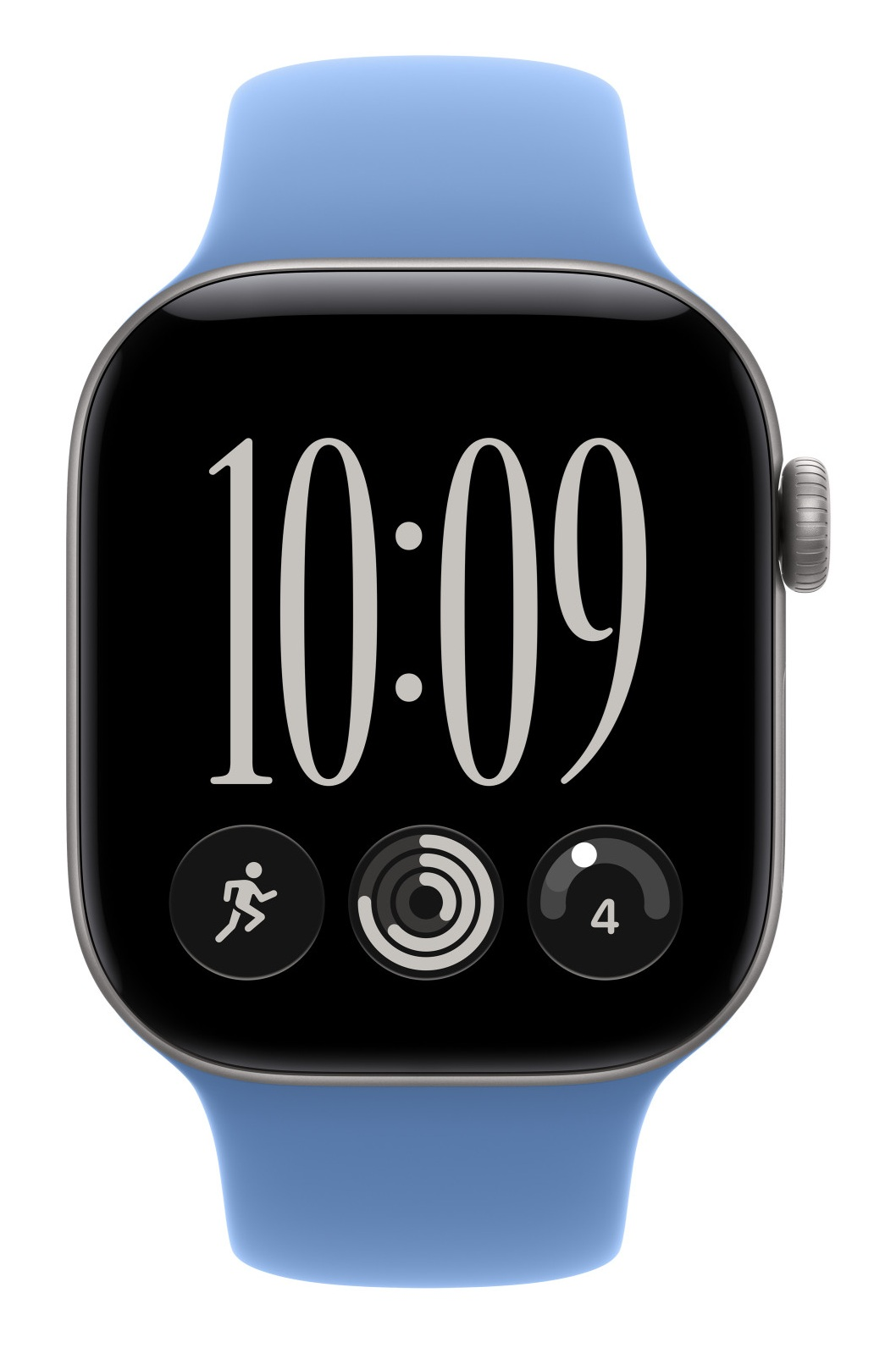 Smartwatch z jasnoniebieskim paskiem pokazuje godzinę 10:09 i trzy ikony aktywności na czarnym ekranie.