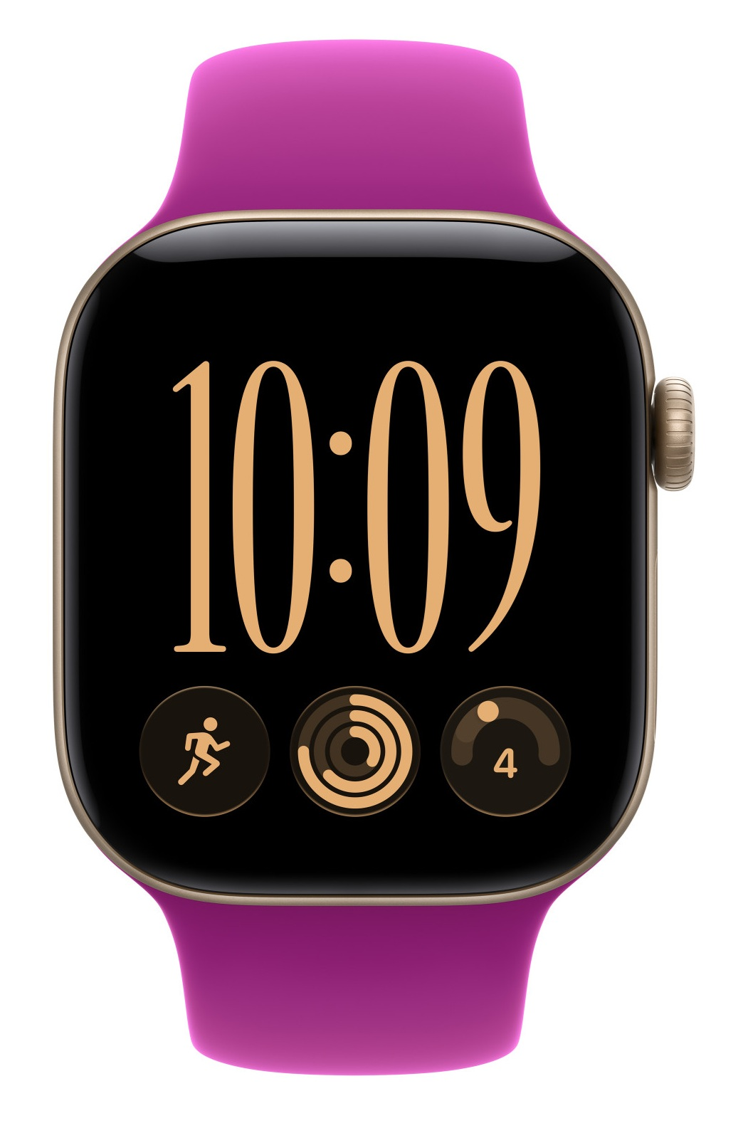 Różowy smartwatch z czarnym ekranem pokazuje 10:09 i trzy ikony aplikacji.