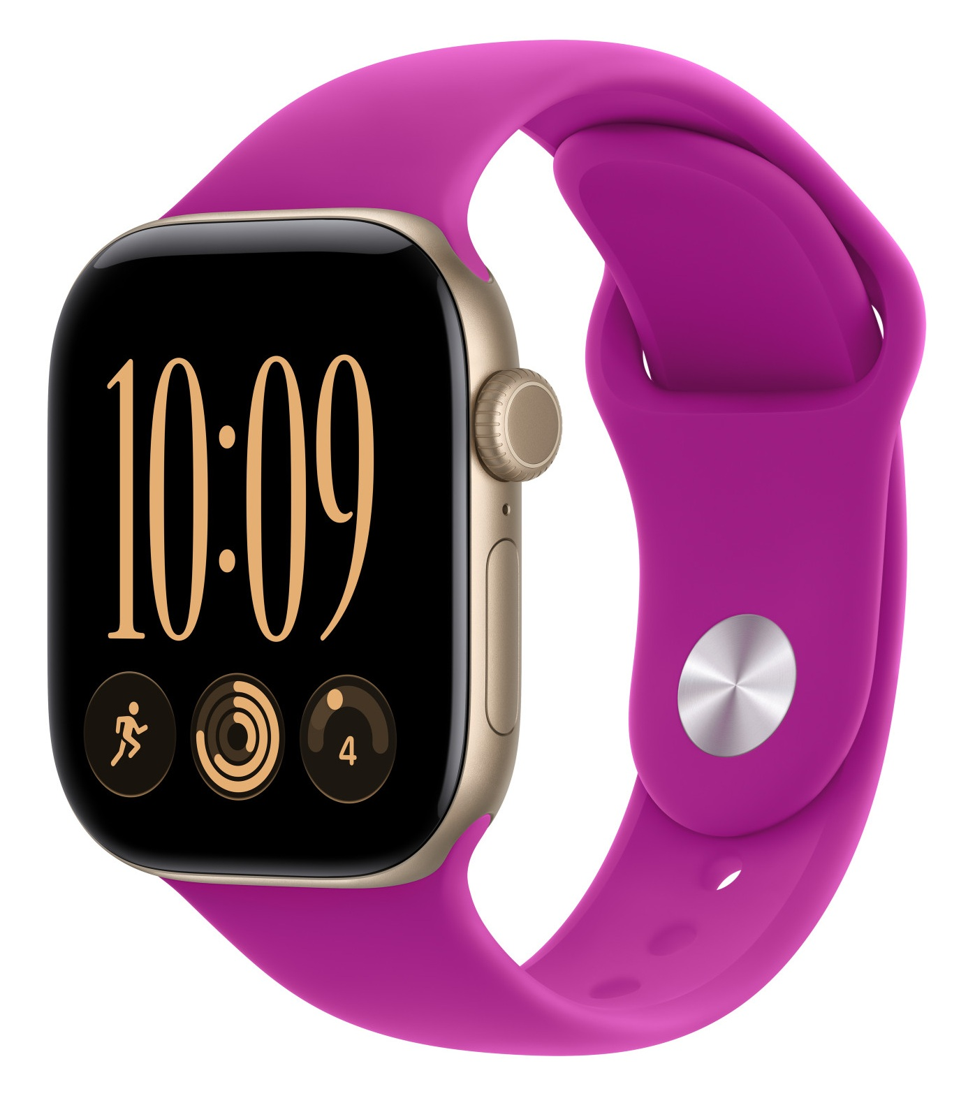 Smartwatch ze złotą kopertą i jasnoróżowym silikonowym paskiem, wyświetlacz pokazuje godzinę 10:09.