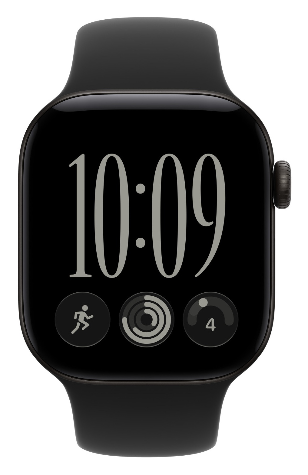 Czarny smartwatch z cyfrowym wyświetlaczem pokazującym godzinę 10:09, ikony fitnessu i czarny pasek.