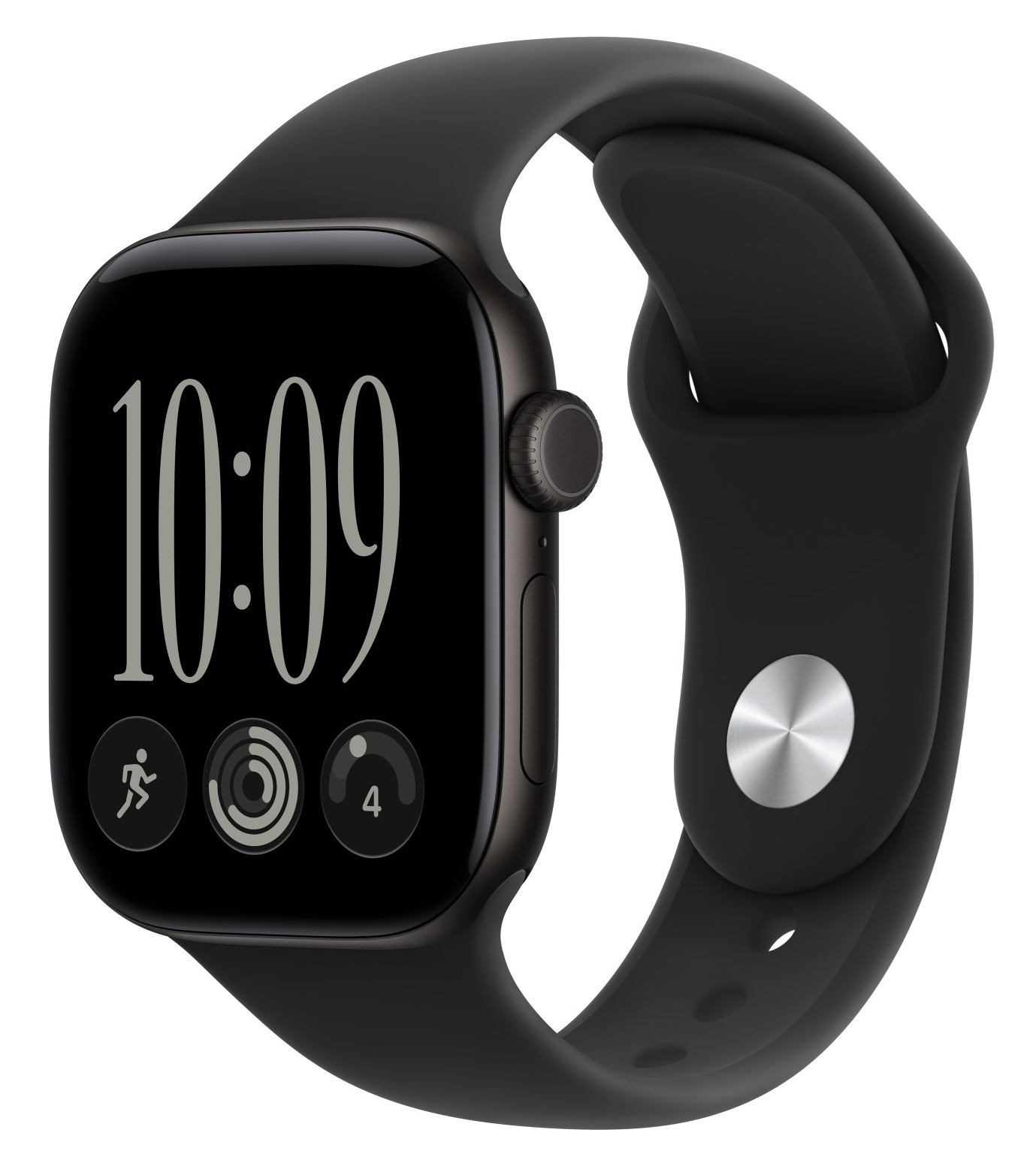 Czarny smartwatch z gumowym paskiem pokazuje godzinę 10:09 na ekranie.
