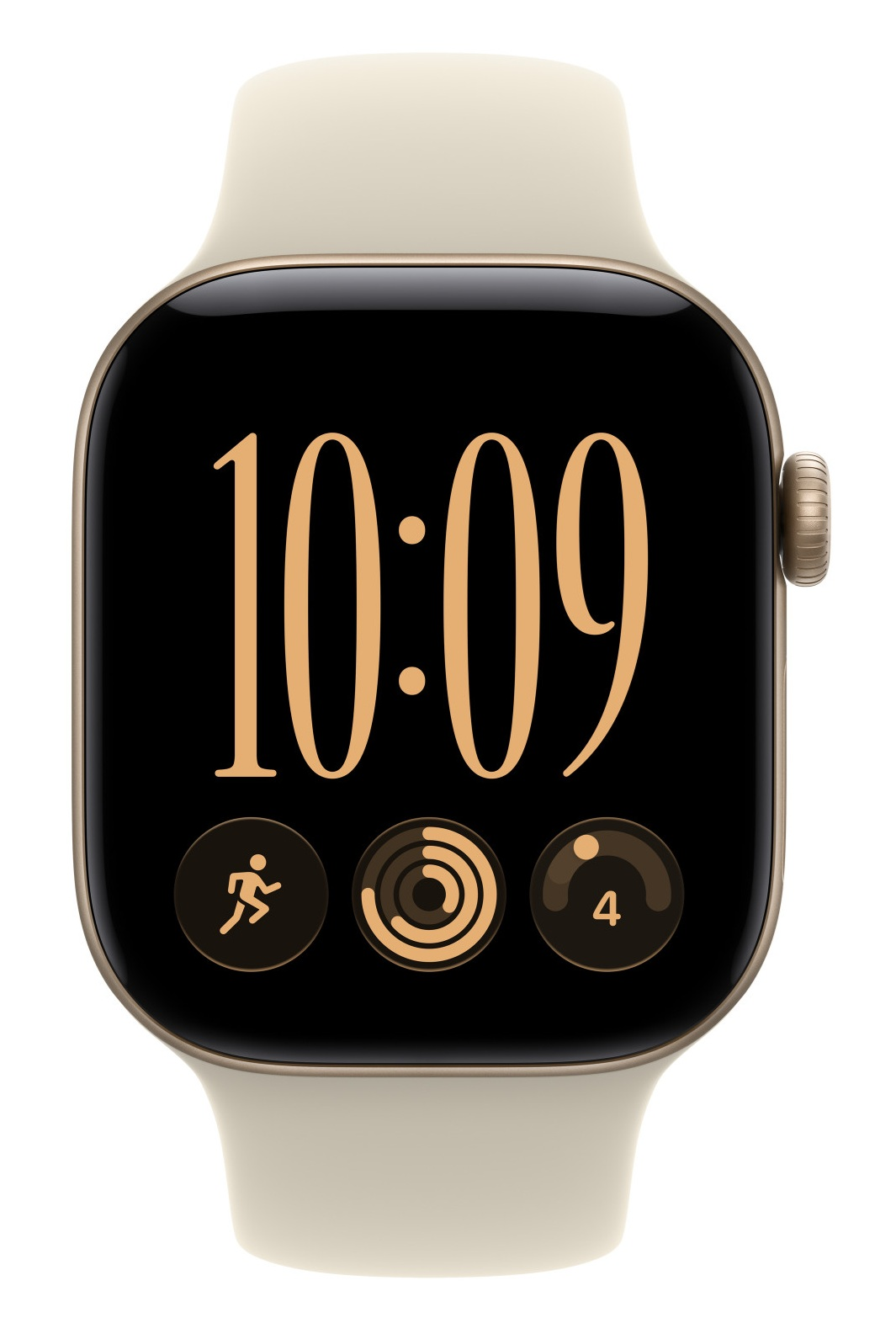 Kremowy smartwatch wyświetla godzinę 10:09 i trzy ikony aktywności na czarnym ekranie.