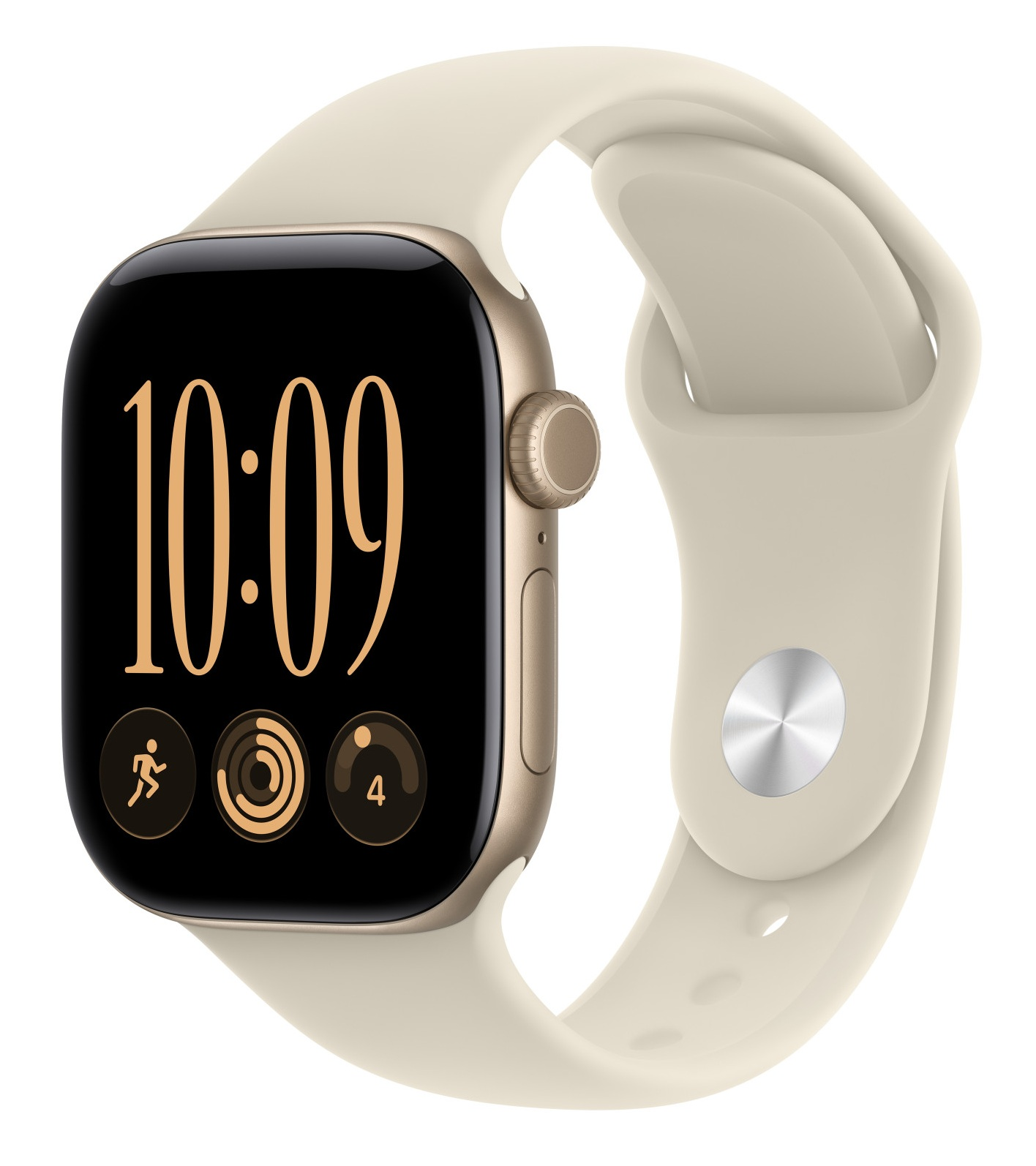 Złoty smartwatch z kremowym silikonowym paskiem i czarnym wyświetlaczem pokazującym 10:09.