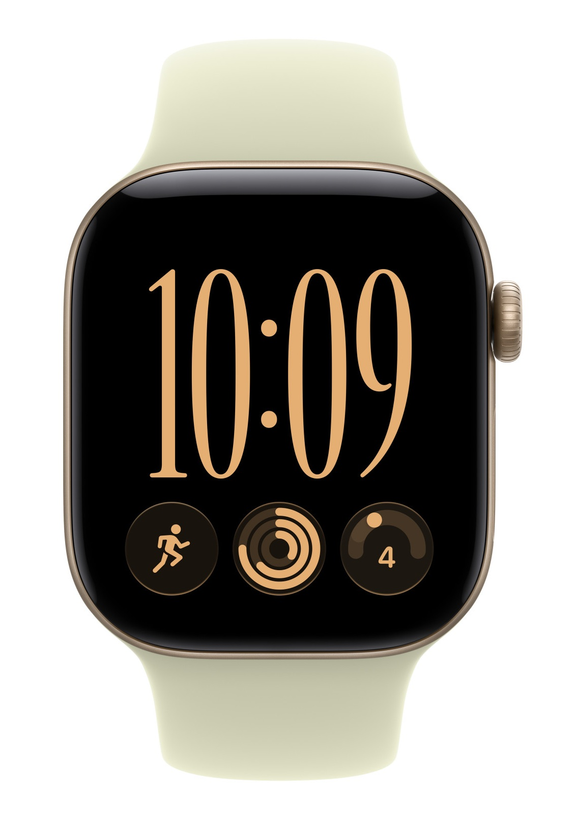 Złoty smartwatch z jasnym paskiem pokazuje godzinę 10:09 i trzy ikony aktywności.