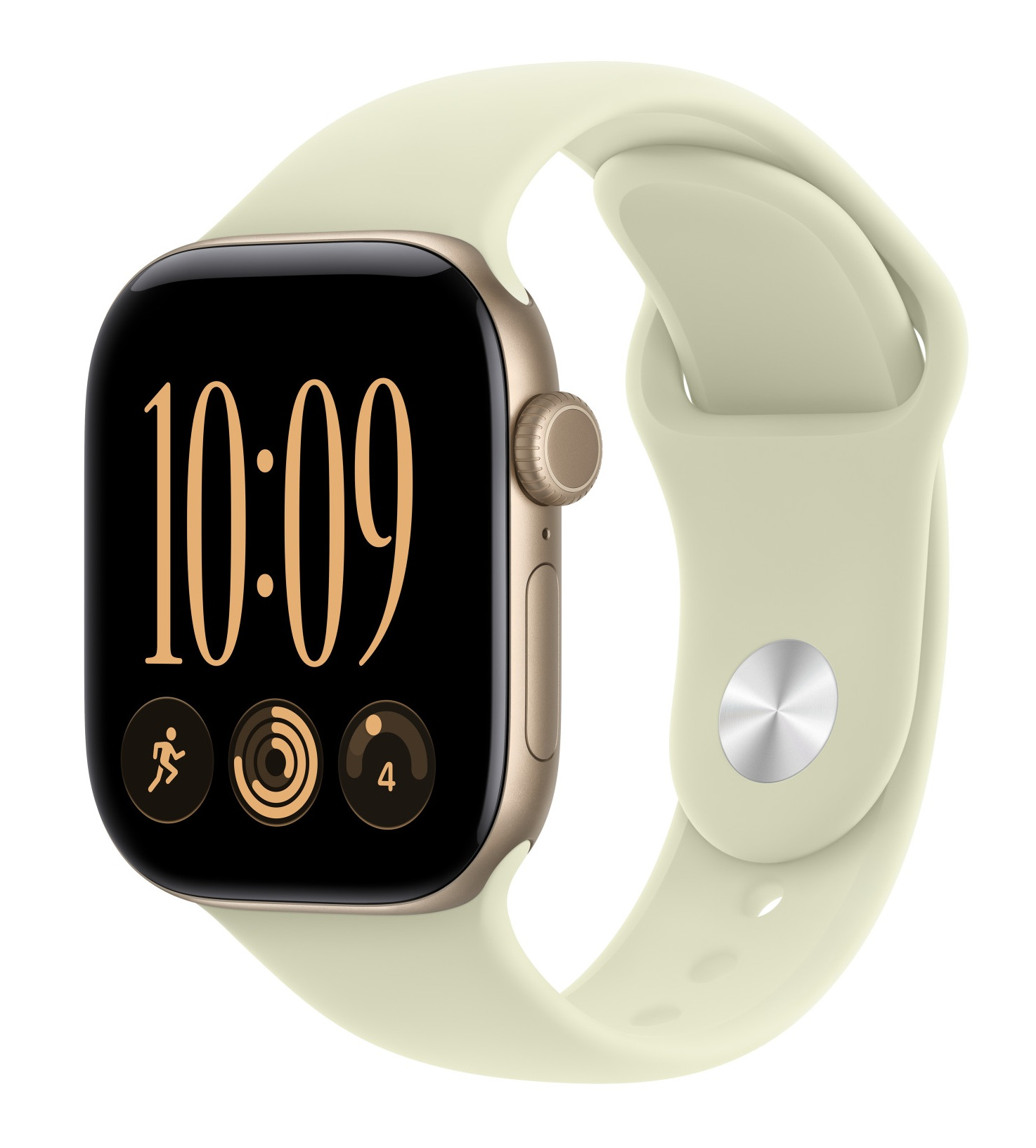 Złoty smartwatch z jasnym silikonowym paskiem pokazuje godzinę 10:09 na ekranie.