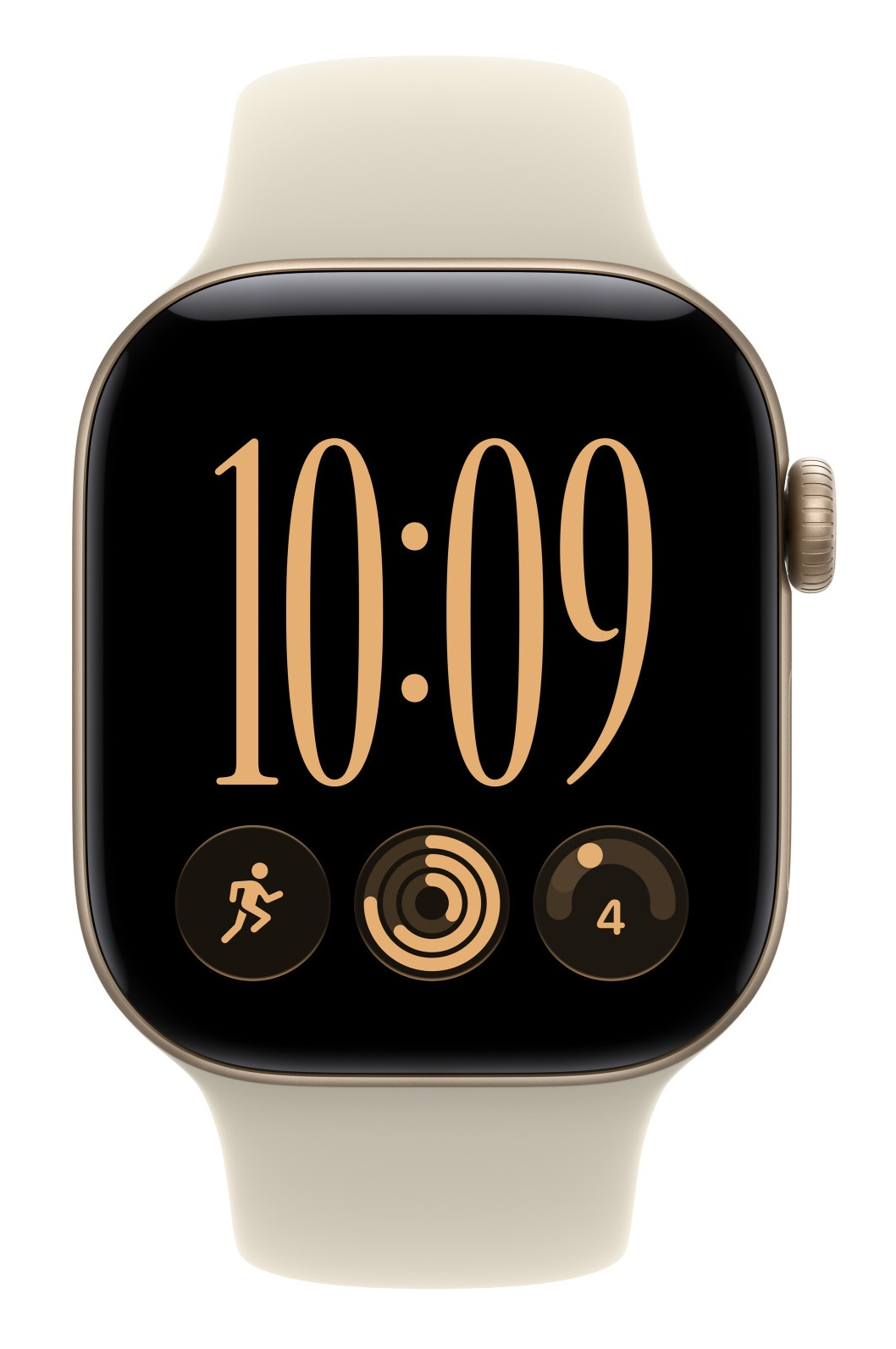 Beżowy smartwatch z godziną 10:09 i trzema ikonami aplikacji na czarnym ekranie.
