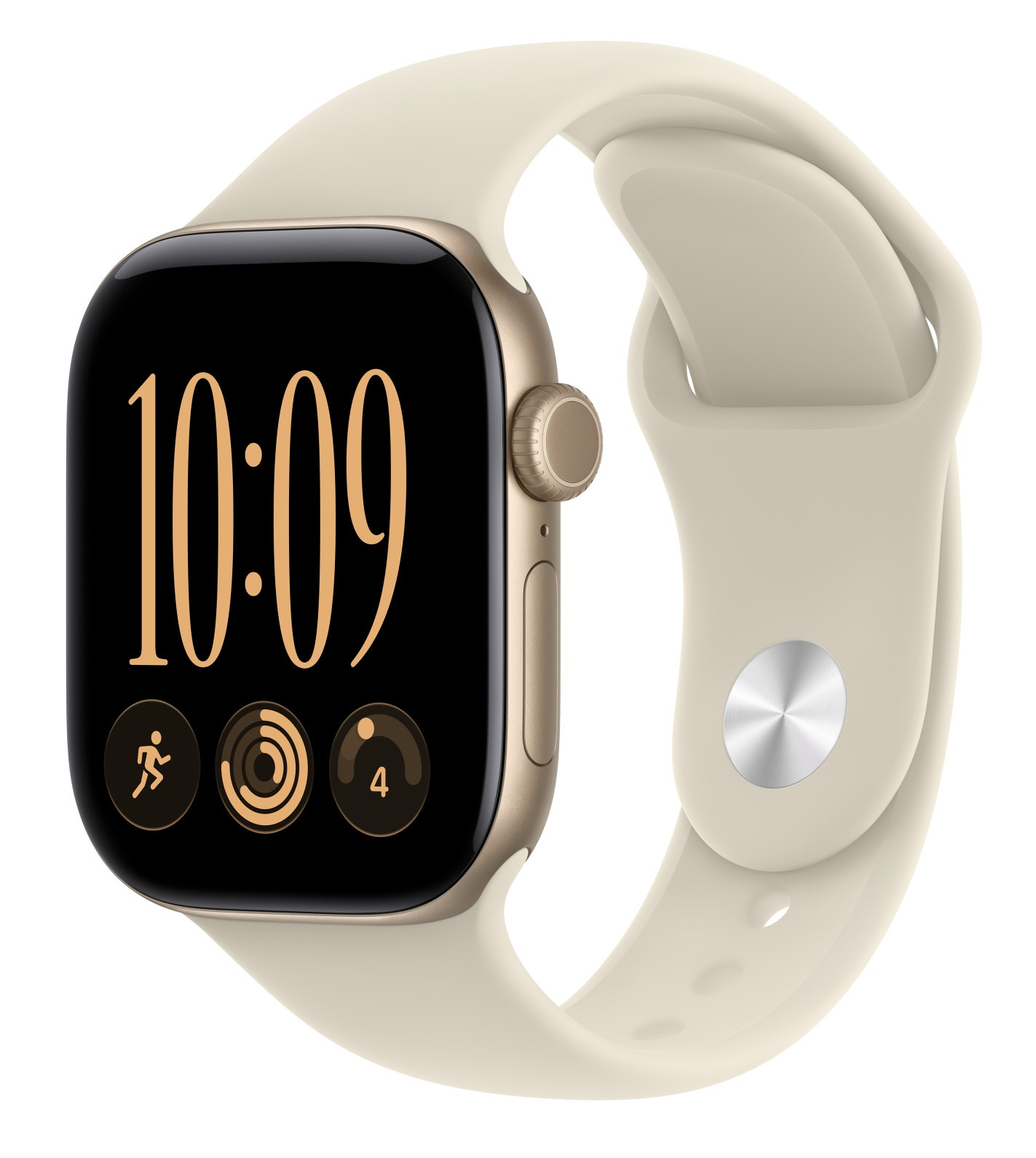 Złoty smartwatch z jasnym paskiem pokazuje godzinę 10:09 i ikony fitness na ekranie.