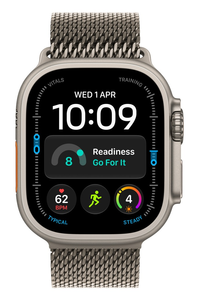 Smartwatch z metalową bransoletą i cyfrowym wyświetlaczem pokazującym godzinę, tętno i dane aktywności.