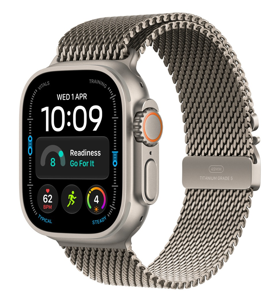 Tytanowy smartwatch z bransoletą milanese wyświetlający dane fitness i godzinę na ekranie.