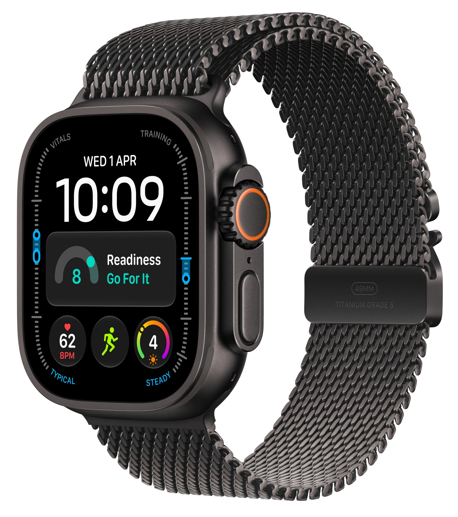 Czarny smartwatch z metalową bransoletą i cyfrowym wyświetlaczem pokazującym czas oraz parametry zdrowotne na białym tle.