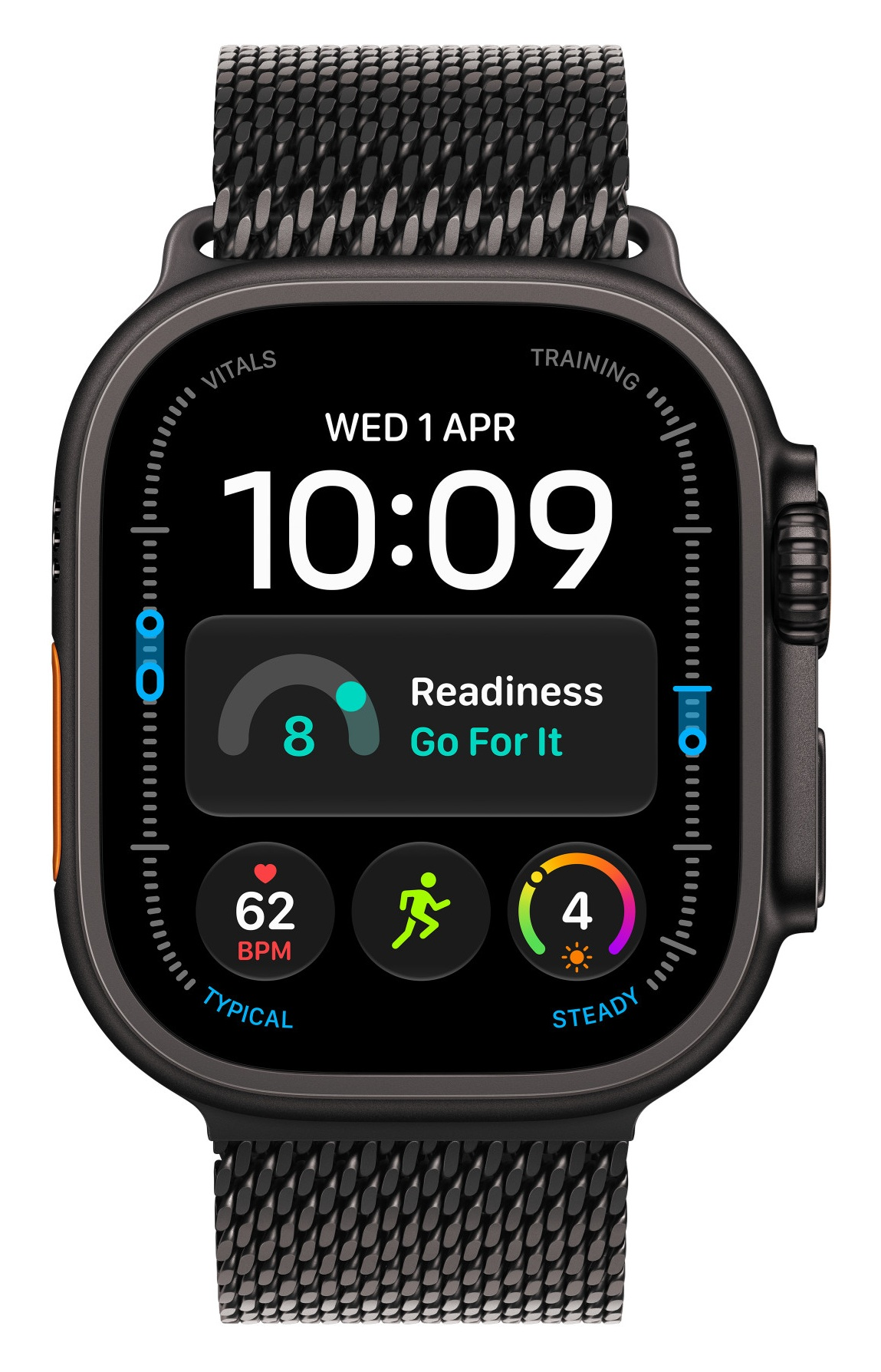 Czarny smartwatch z metalową bransoletą pokazuje tarczę z godziną, tętnem i stanem treningu.