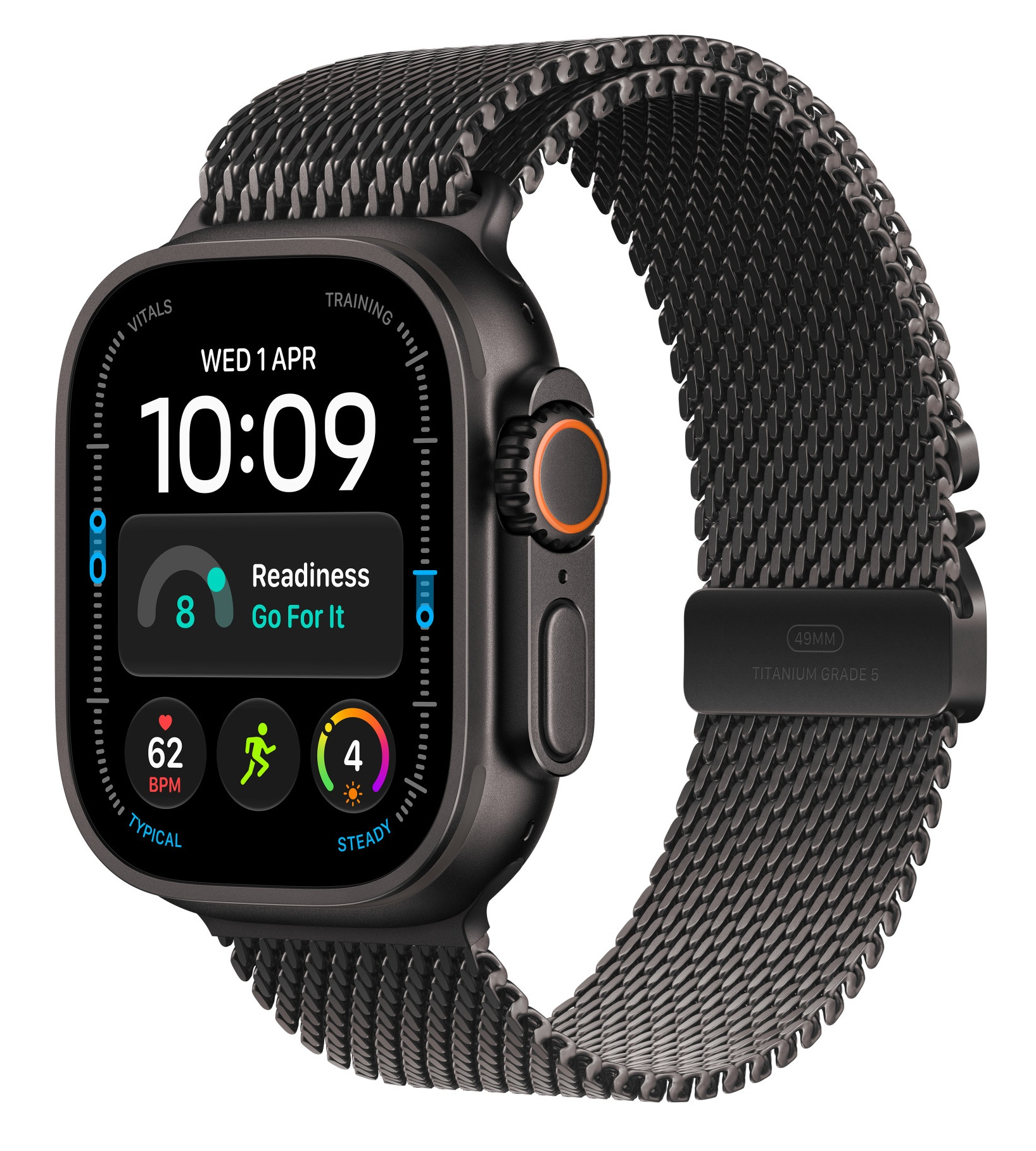 Czarny smartwatch z metalową bransoletką siatkową pokazuje godzinę 10:09 i dane fitness.
