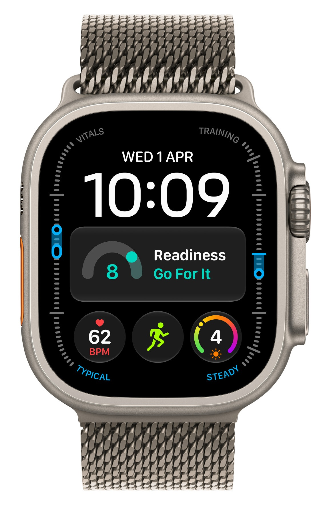 Smartwatch w metalowej obudowie z paskiem typu mesh wyświetla cyfrową tarczę z danymi treningowymi i życiowymi.