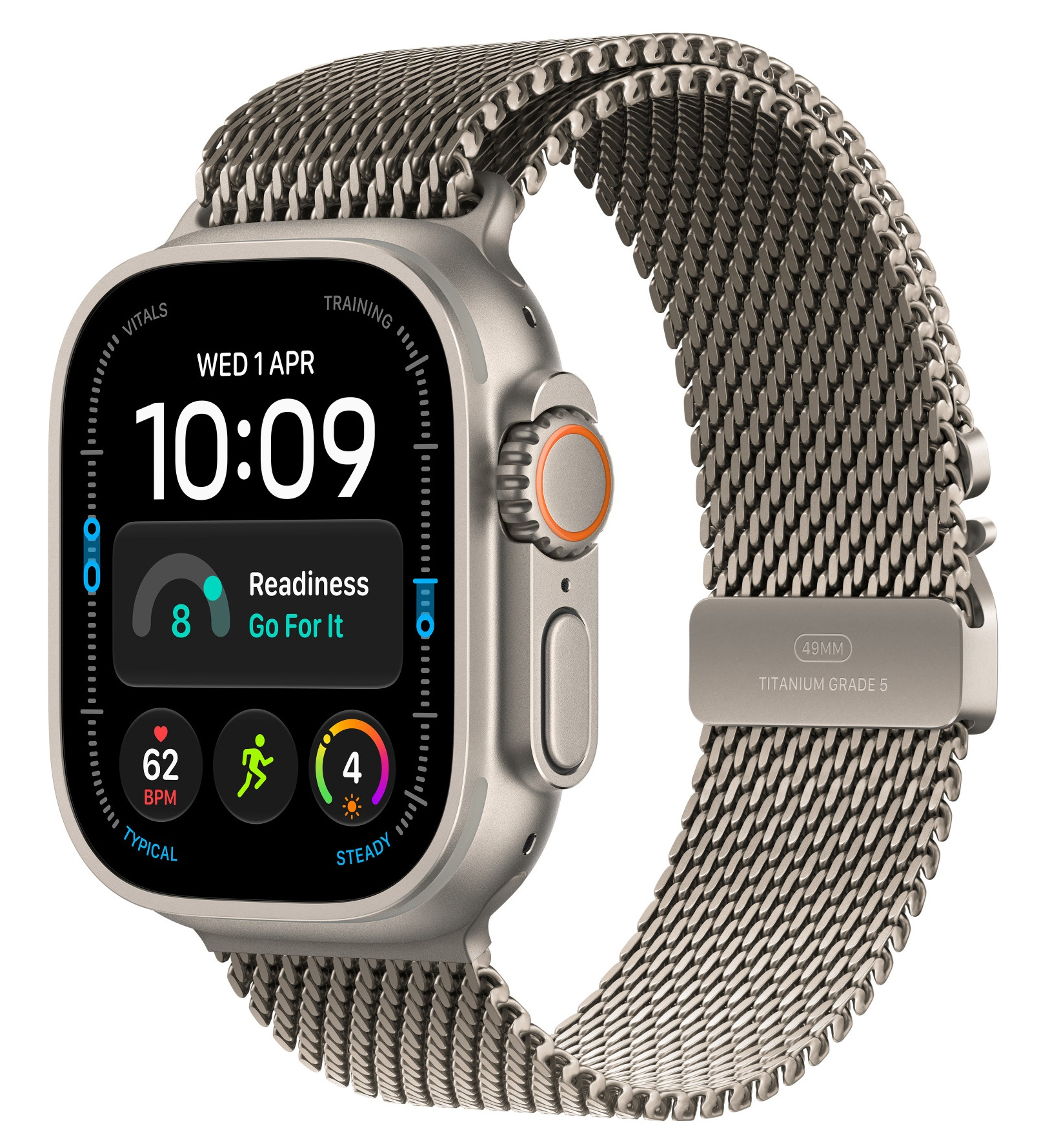 Smartwatch z metalową kopertą i tytanową bransoletą pokazuje dane o gotowości o 10:09.