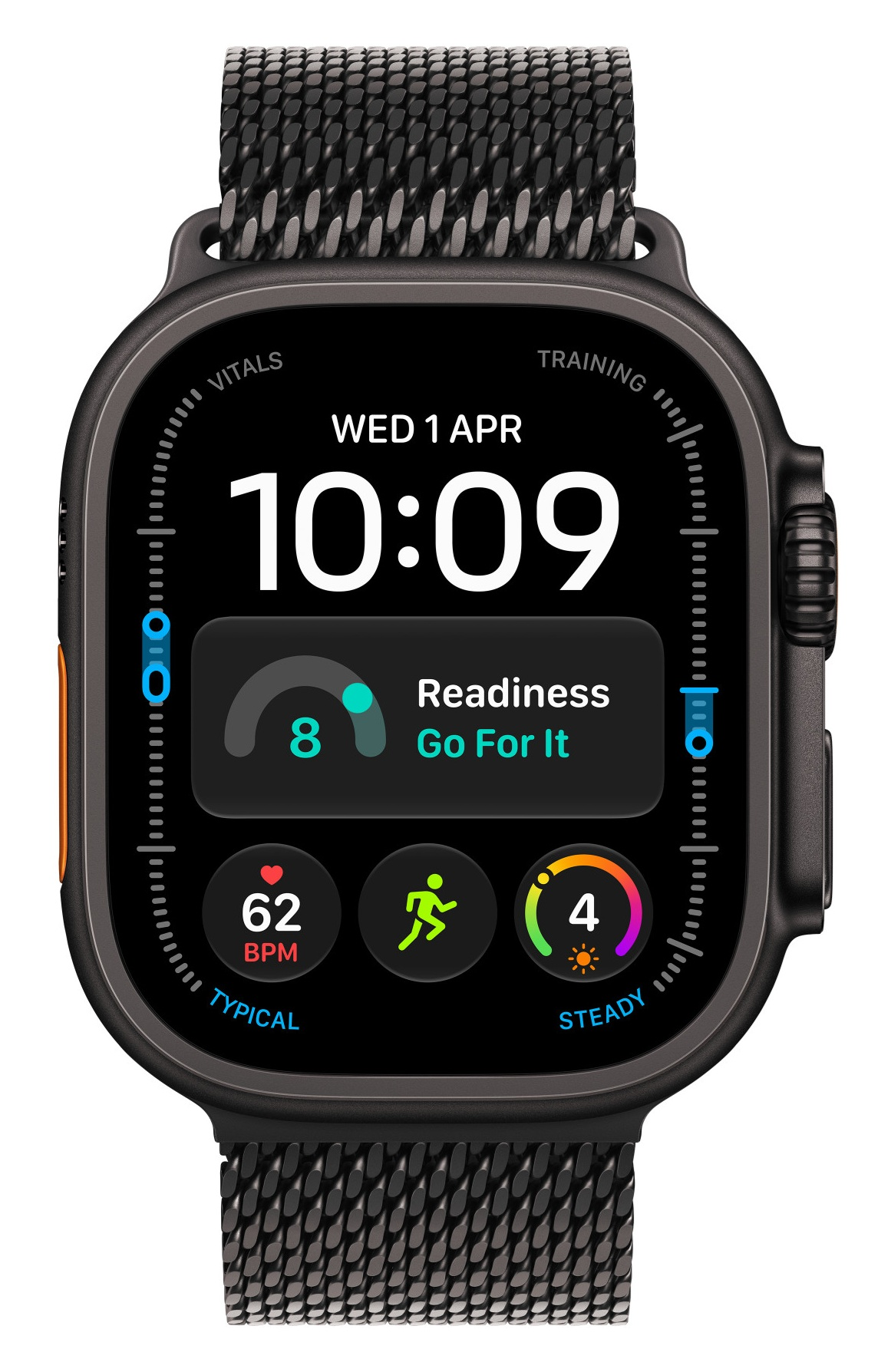 Czarny smartwatch z metalowym paskiem wyświetla datę, godzinę, tętno i statystyki fitness na ekranie.