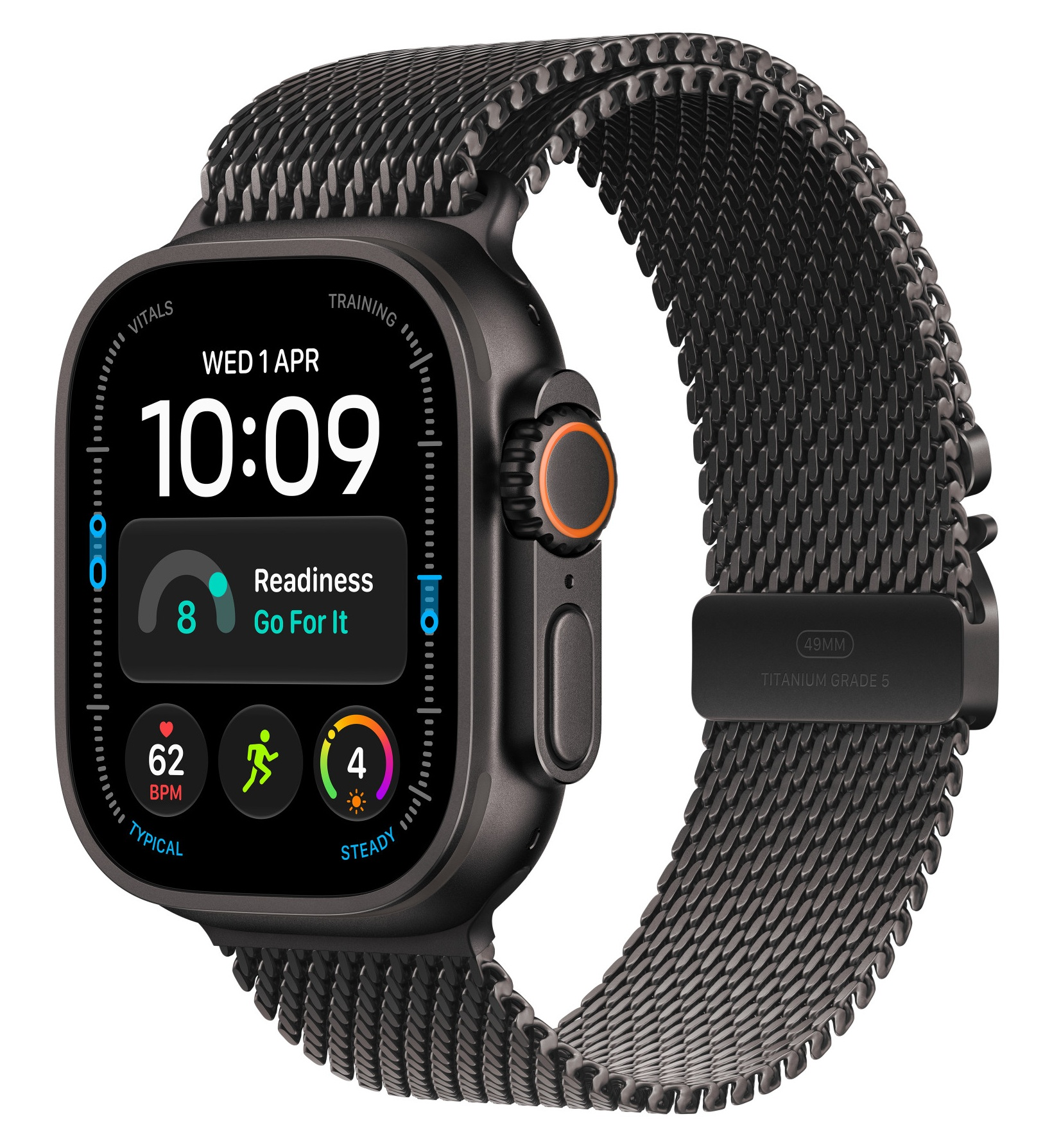 Czarny smartwatch z cyfrowym wyświetlaczem i ciemną metalową bransoletą.