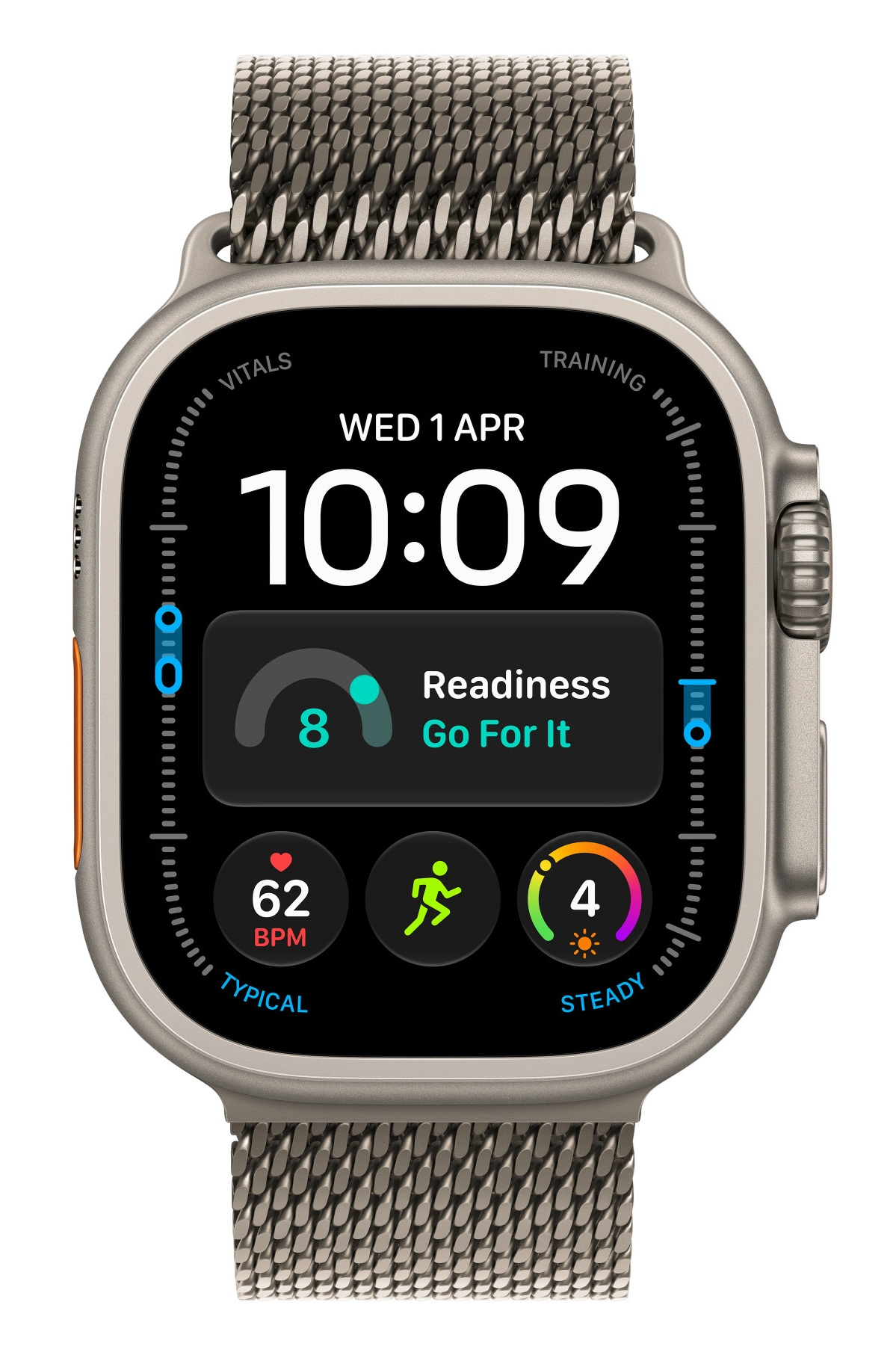Zegarek Apple Watch z metalową bransoletą wyświetla tarczę z czasem cyfrowym, tętnem i stanem kondycji.