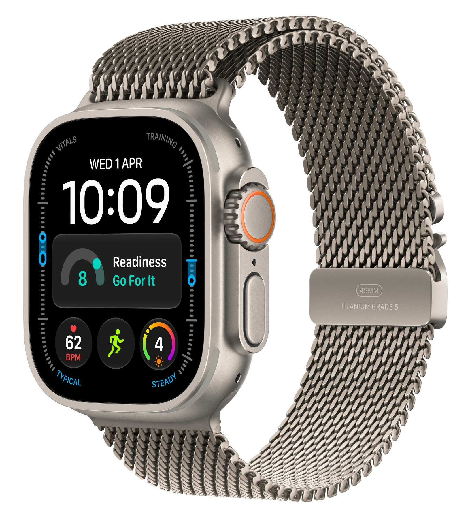 Srebrny smartwatch z metalową bransoletą z siatki i cyfrowym cyferblatem pokazującym dane treningowe.