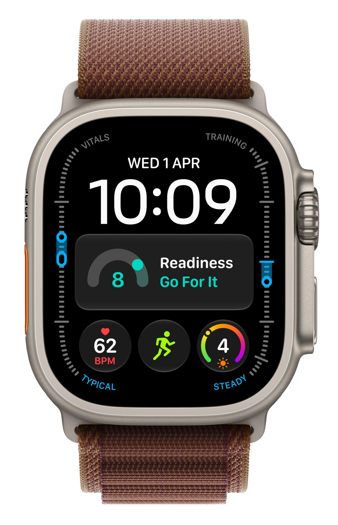 Smartwatch z brązowym paskiem z tkaniny pokazuje cyfrową tarczę, tętno i gotowość do treningu.
