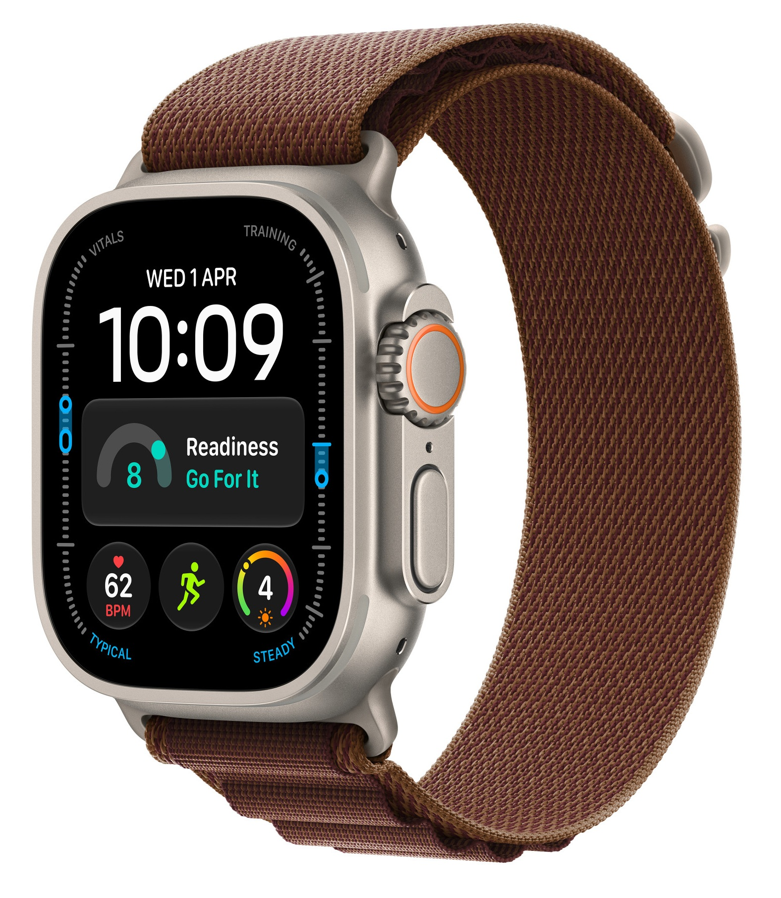 Smartwatch z tytanową kopertą, brązowym materiałowym paskiem i cyfrową tarczą pokazującą czas, datę i dane.