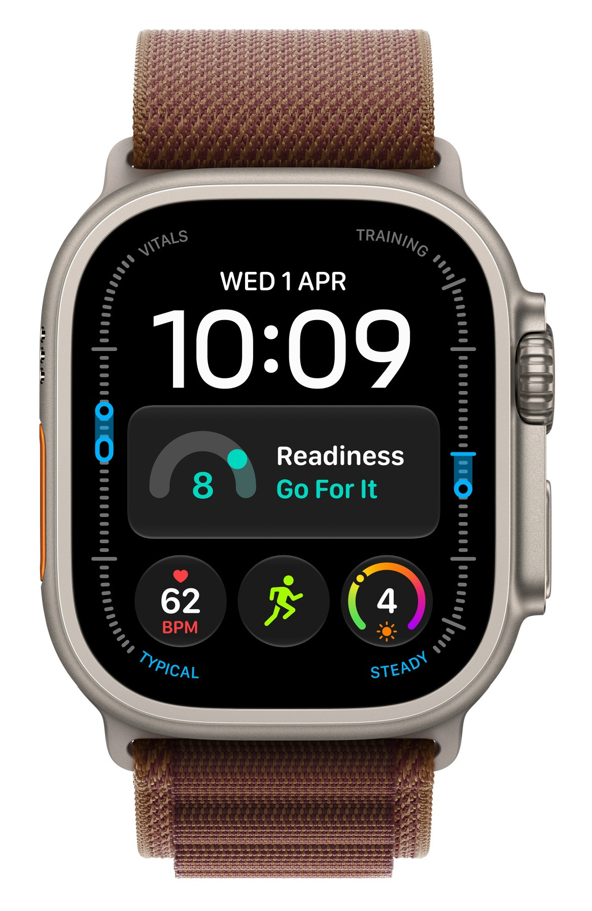 Smartwatch z brązowym paskiem pokazuje godzinę 10:09, tętno oraz dane o aktywności na czarnym ekranie.