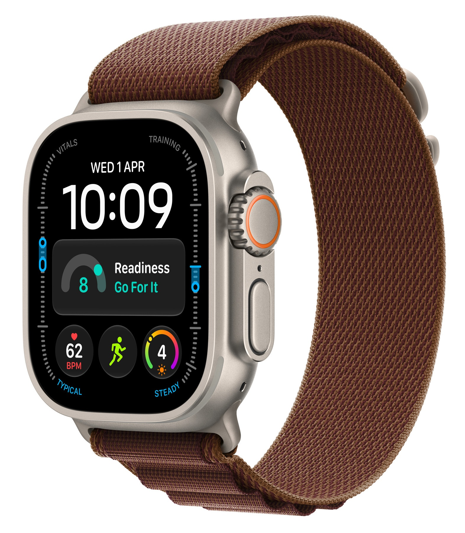 Srebrny smartwatch z cyfrowym cyferblatem i brązowym paskiem z tkaniny na białym tle.
