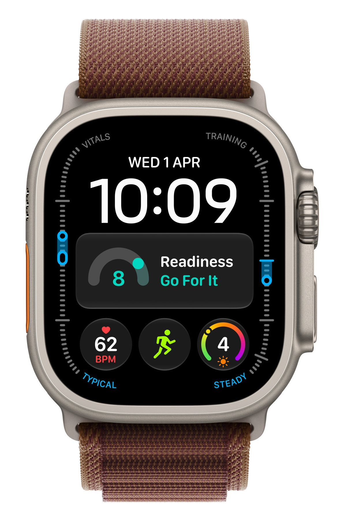 Smartwatch z brązowym paskiem z tkaniny pokazuje godzinę 10:09, parametry życiowe i gotowość do treningu.
