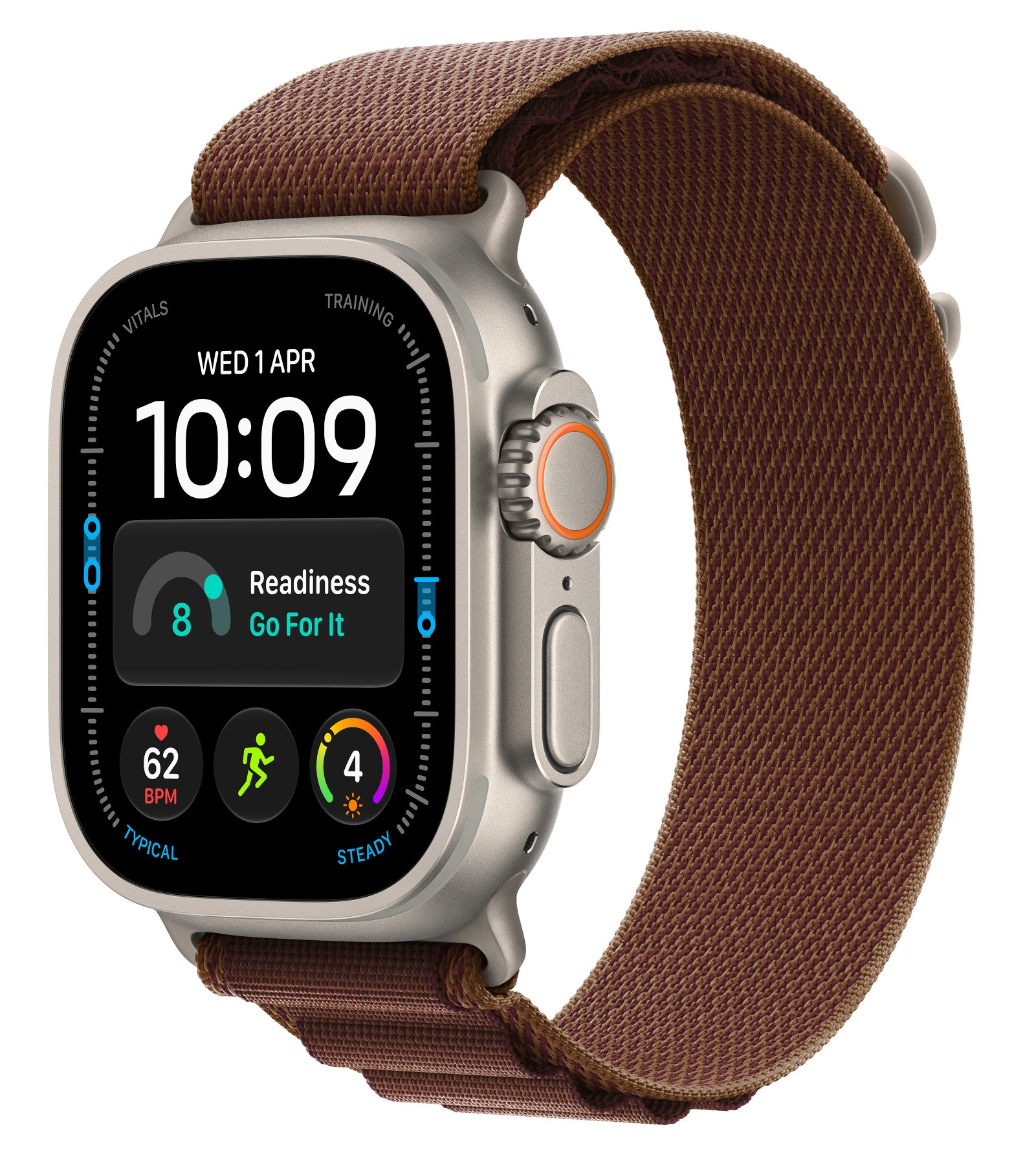 Tytanowy smartwatch z brązowym paskiem z tkaniny, cyfrową tarczą wyświetlającą godzinę i dane treningowe.