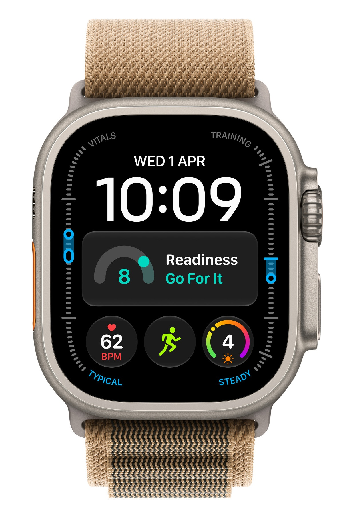 Smartwatch z brązowym paskiem z tkaniny i czarnym ekranem wyświetla datę, godzinę i dane fitness.