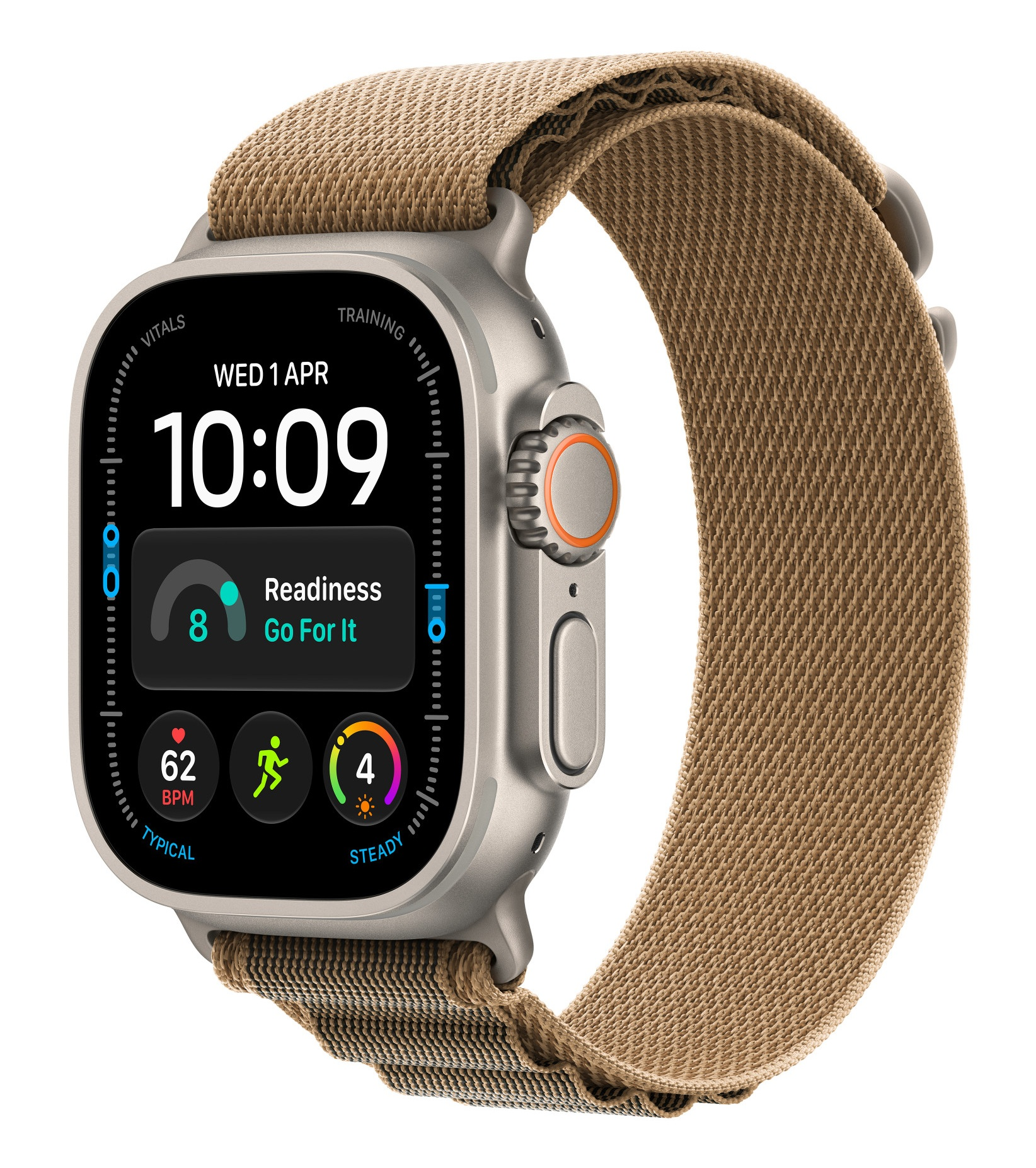 Smartwatch z brązowym paskiem z tkaniny pokazuje godzinę 10:09 i dane fitness na ekranie.
