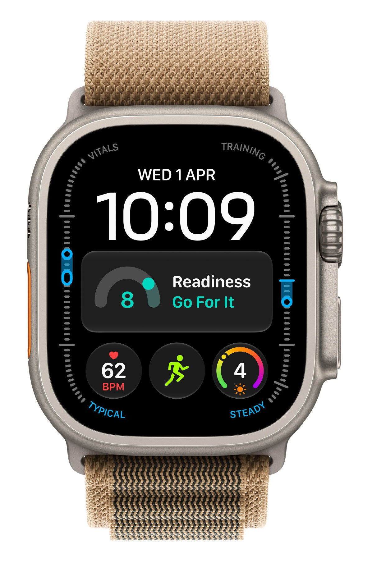 Smartwatch z beżowym paskiem z tkaniny pokazuje godzinę 10:09 i dane zdrowotne.
