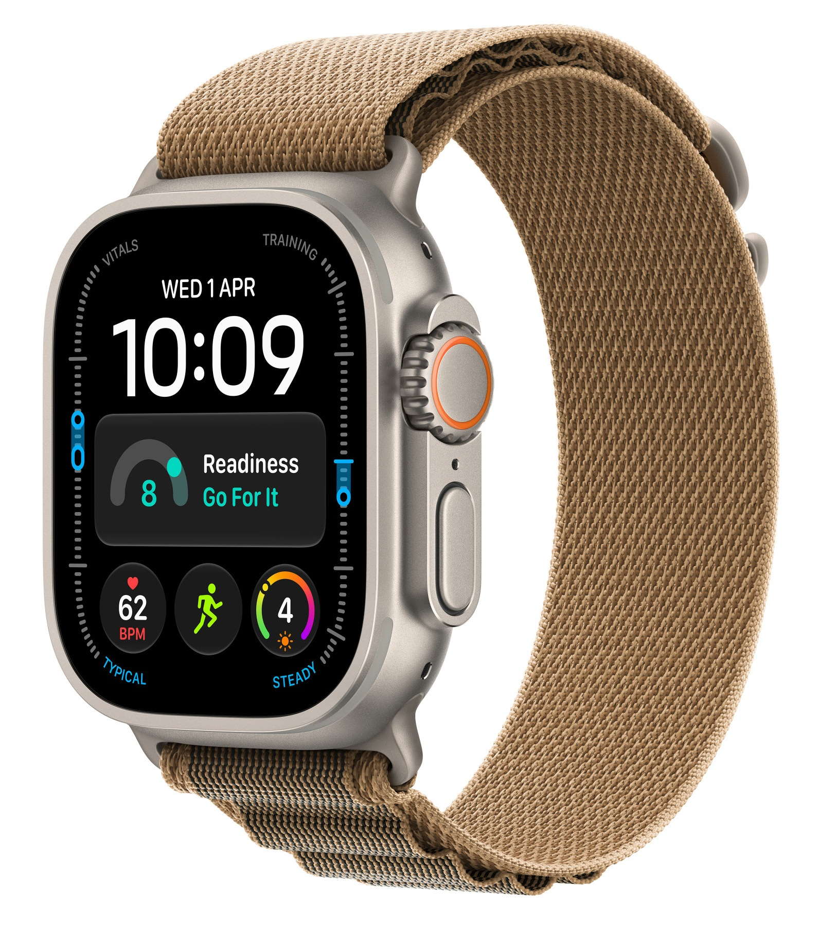 Smartwatch z brązowym paskiem z tkaniny i cyfrową tarczą na czarnym tle.