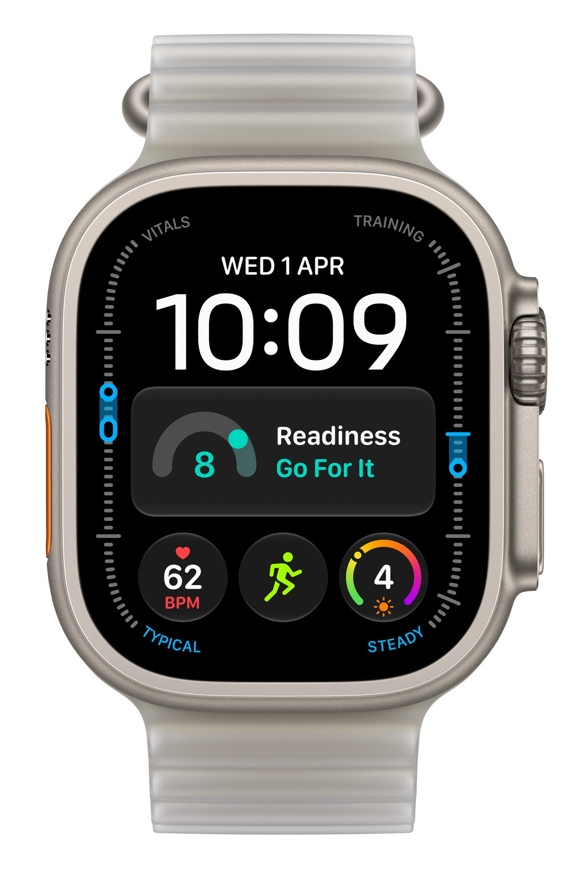 Smartwatch z cyfrowym tarcza pokazuje godzinę 10:09, tętno 62 BPM oraz status gotowości.